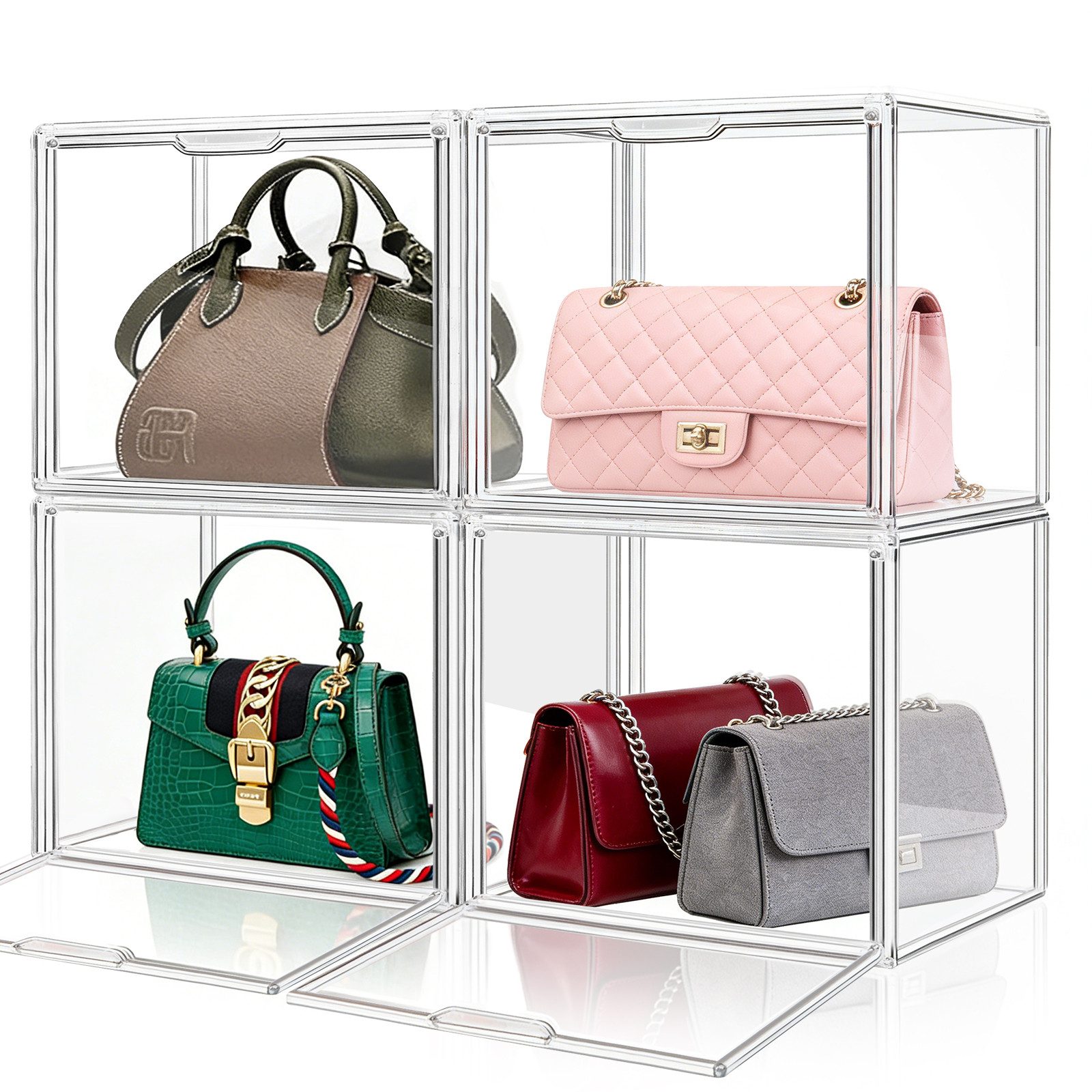 XERSEK Aufbewahrungsbox Transparente Displaybox Acryl Organizer Handtasche Schaukasten Vitrine (Set, 4 St., 40×25×30cm Stapelfähig), für Figuren, Handtaschen, Spielzeug, Handwerk, Bücher