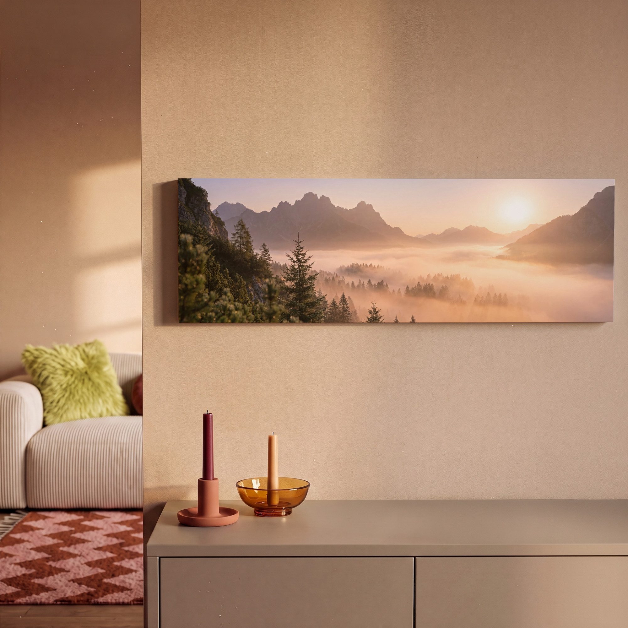 OneMillionCanvasses® Leinwandbild Panorama Sonnenlicht - Nebel - Berge - Bäume, Fotodruck (1 St), Wandbild, Deko Schlafzimmer Wohnzimmer Flur 60x20 cm – Bild 2 von 5