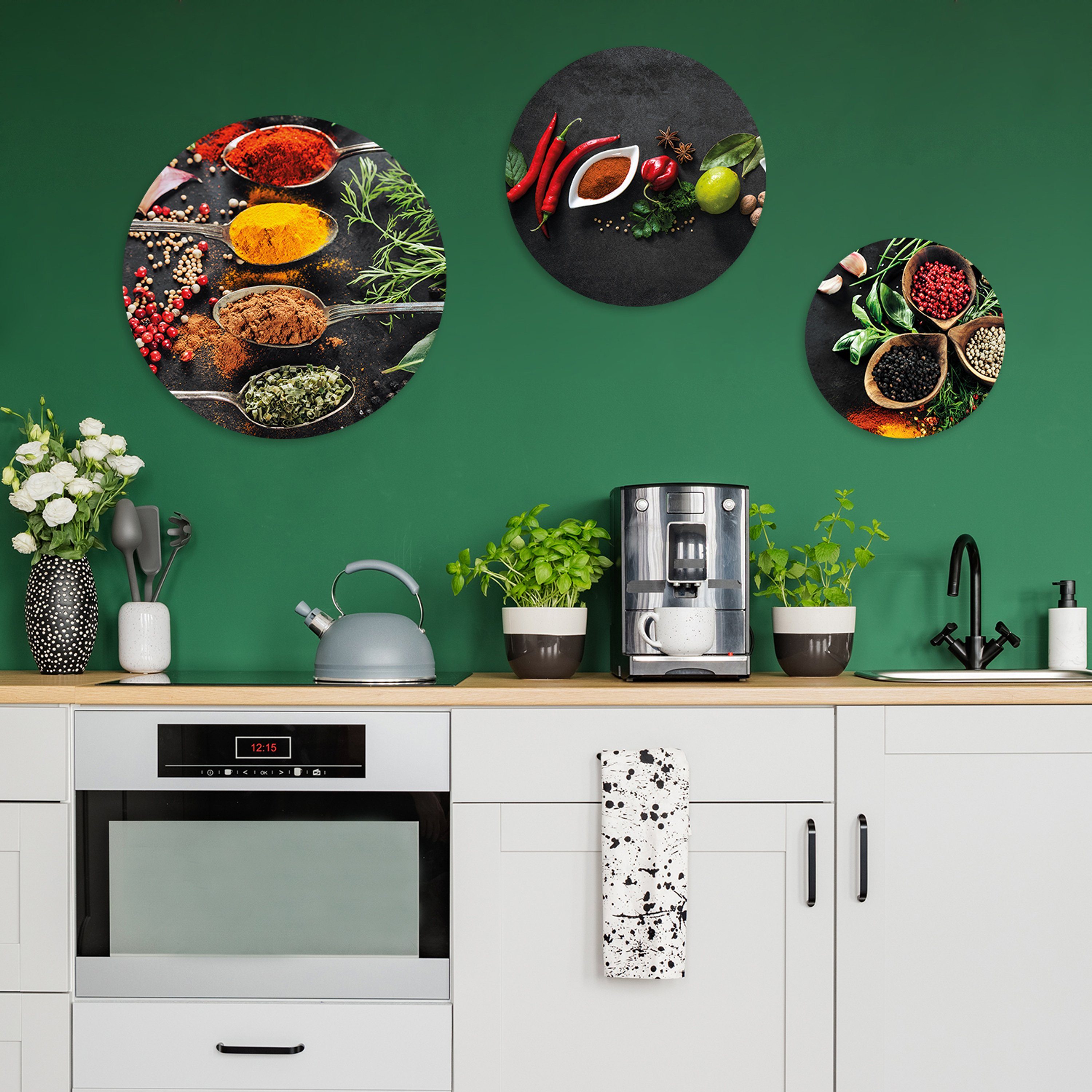 artissimo Mehrteilige Bilder mehrteiliges Bilder-Set Kräuter, Kräuter Küche Löffel Küchenbilder: Wandbilder und 3 rund Wandkreise