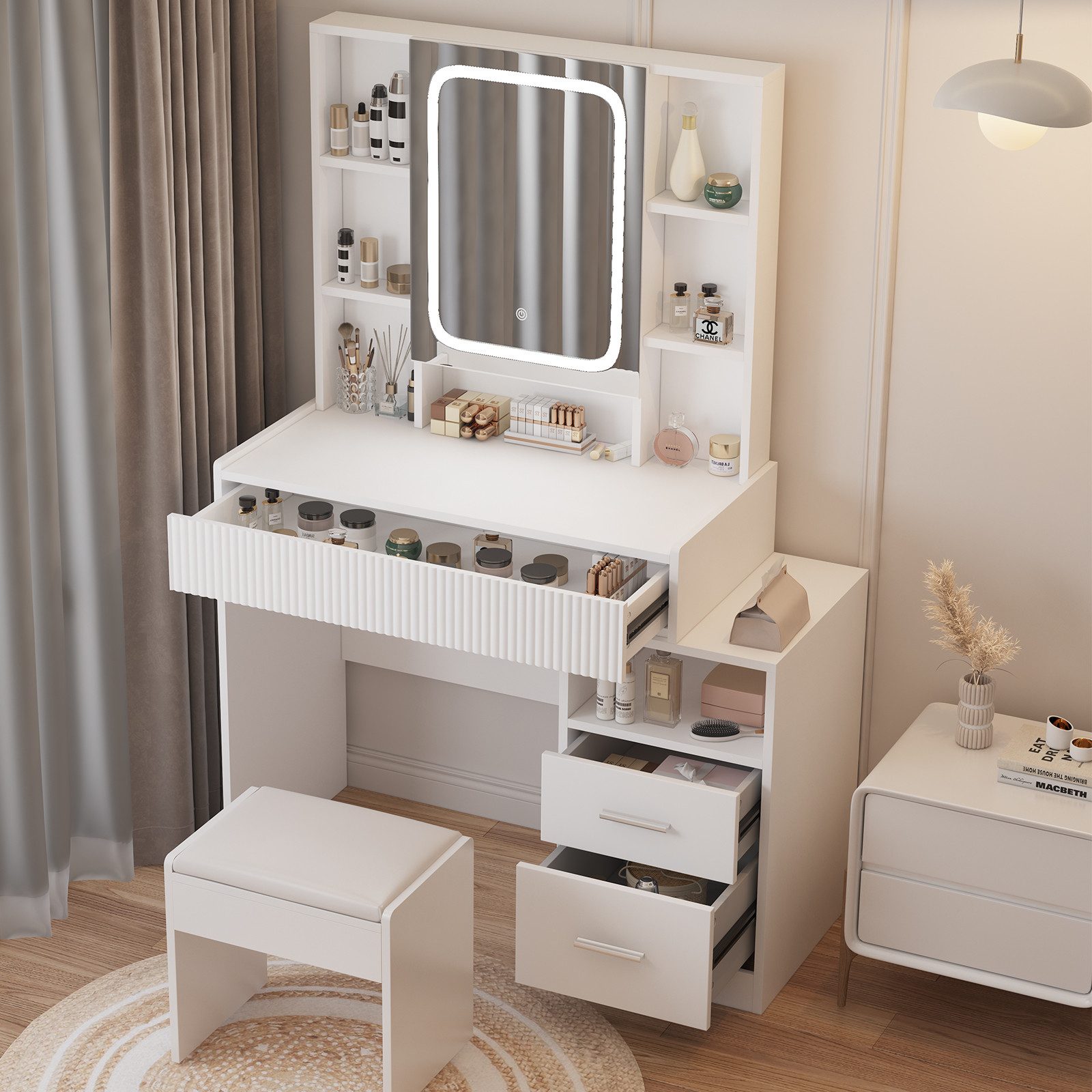 HOMAVO Schminktisch mit LED-Spiegel, 3 Schubladen & 8 offenen Fächern, 96,5x40x141 cm (FSC®, viel Stauraum, pflegeleicht), Kosmetiktisch mit Schubladen, offenen Fächern