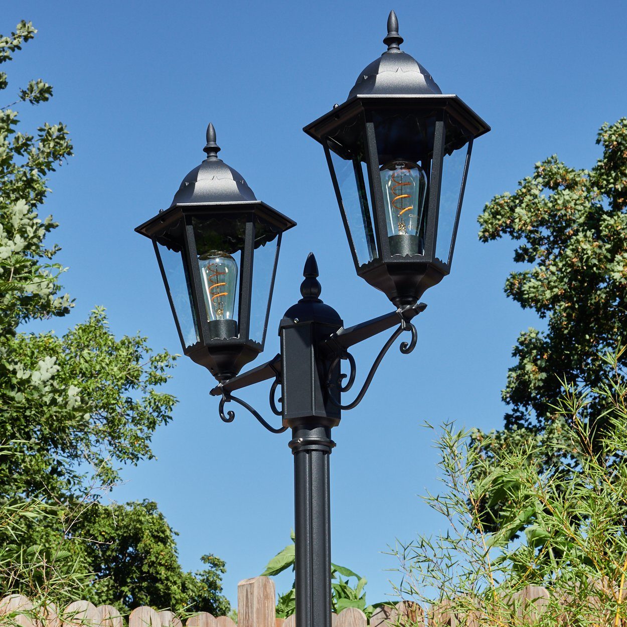 hofstein Außen-Stehlampe Wegeleuchte aus Metall/Glas in Schwarz/Klar, ohne Leuchtmittel, Kandelaber, Gartenbeleuchtung IP44, 2x E27, ohne Leuchtmittel