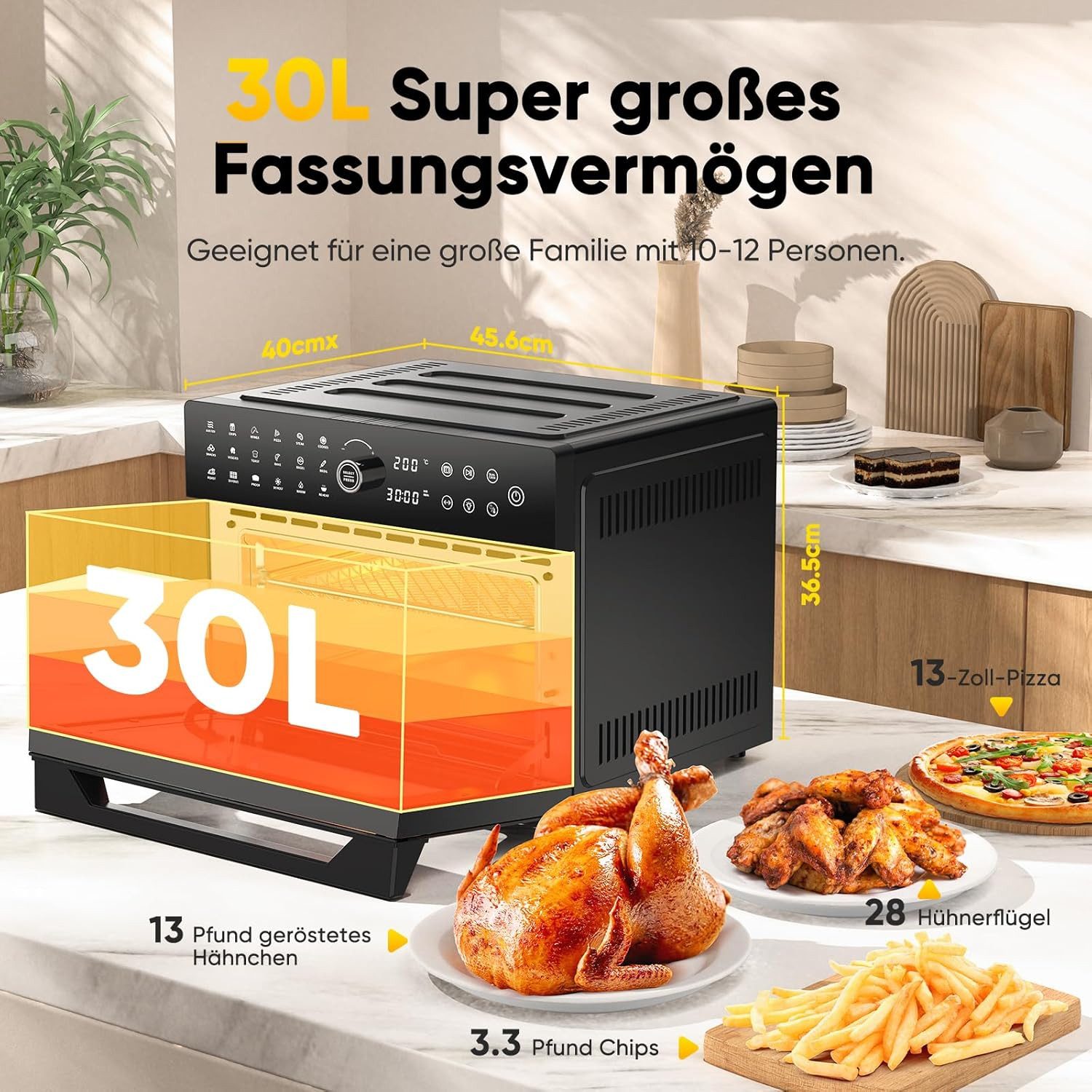 Azmsary Minibackofen 30L XXL-Heißluftfritteuse mit Touchscreen, 1800W & 20 Programmen, LED-Smarttouch, 30L Dual-Kochsystem, 7 Profi-Zubehör. – Bild 3 von 5