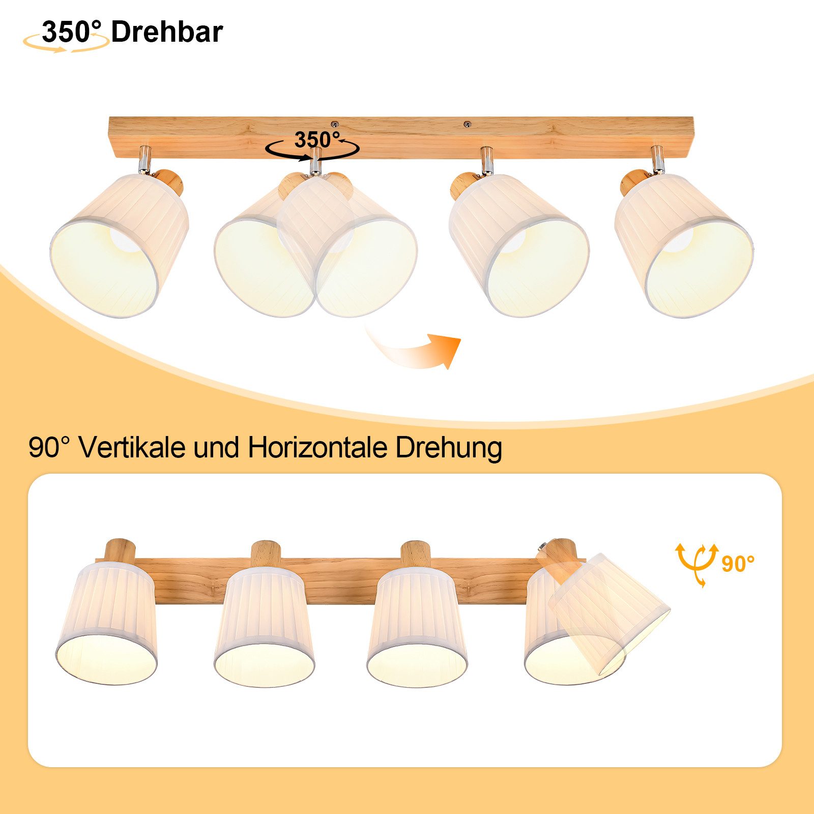Nettlife Deckenstrahler Retro 1/2/3/4Flammig Holz Deckenleuchte E14 Vintage Boho Deckenspots, Schwenkbar 350°, ohne Leuchtmittel, für Wohnzimmer Schlafzimmer Kü – Bild 2 von 5