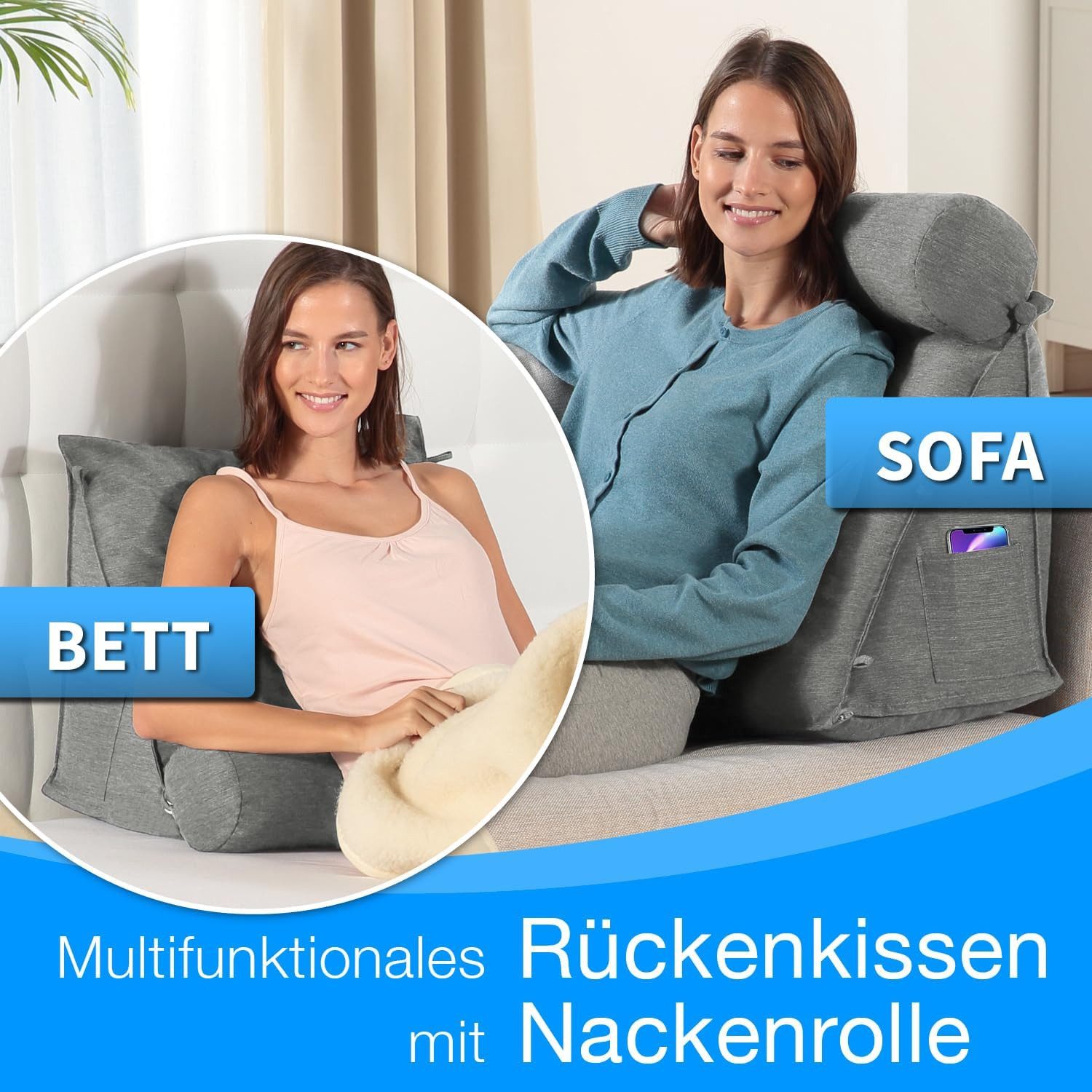 ELONEO Rückenkissen mit Nackenrolle für Bett & Sofa, 55x50x30cm, waschbarer Bezug