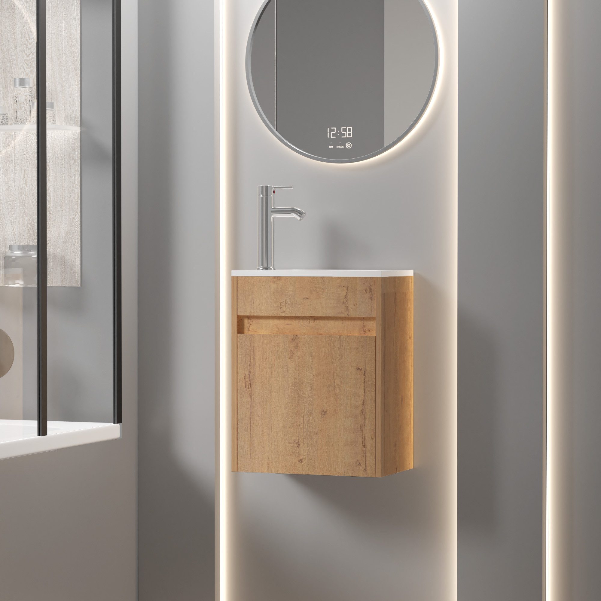 UEV Waschtisch Waschbecken klein mit Unterschrank set, Badmöbel Gäste-WC (Badmöbel Badezimmmer Schrank, Aufsatz-Waschbecken, Unterschrank mit Harzbecken Gästebad), Komplett-Set Badmöbel, mit Wasserhahn und Pop-up-Ablassventil