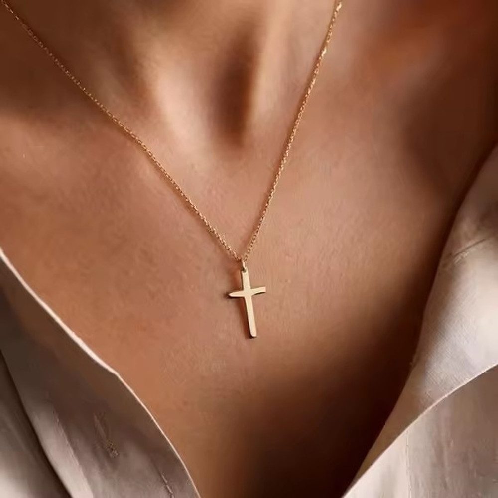 Runde Perlé Kette mit Anhänger minimalistische Kette mit kleinem Kreuz Anhänger, klassisches Kreuz, 925er Silber, 14K Gold, Roségold