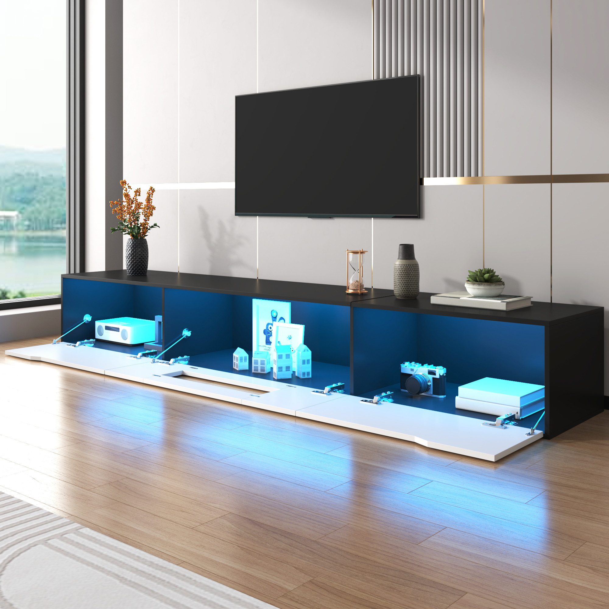 STILVORA TV-Schrank mit LED-Beleuchtung,TV-Lowboard Fernsehschrank mit USB&Wandmontage (Packung, 1-St., Moderner, schwarz-weißer, wandmontierter TV-Schrank) mit LED-Beleuchtung USB,mit Farbwechsel Licht