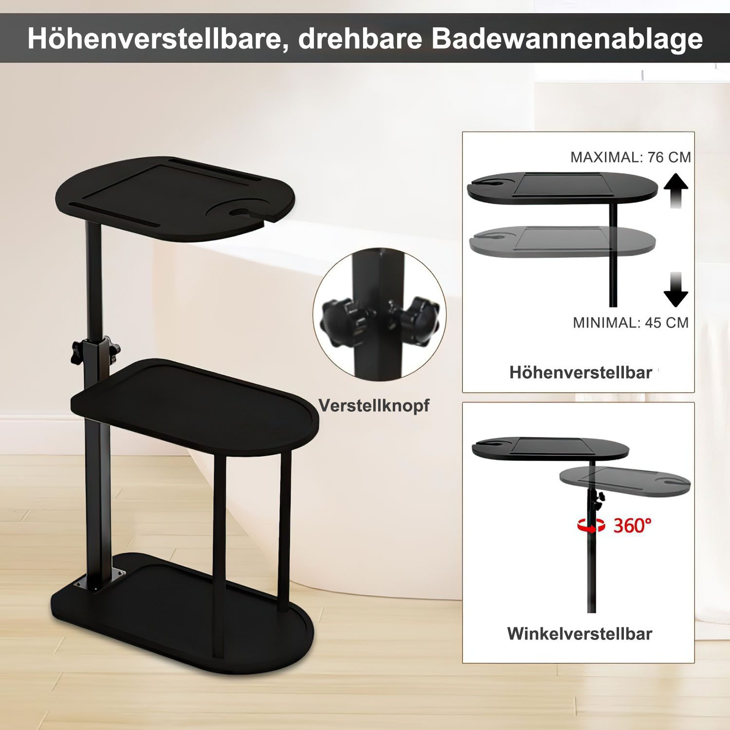 HEYHIPPO Duschregal Dreischichtiges Bambus-Lagerregal über dem Badewannen-Beistelltisch, Beistelltisch höhenverstellbar 45~76 cm, drehbare Tischplatte 44×22 cm, – Bild 4 von 5