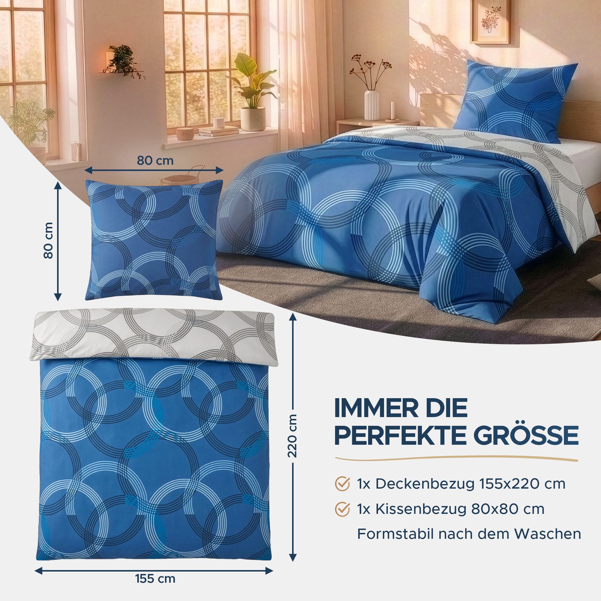 Malika Bettwäsche 155x220 + 80x80 cm atmungsaktiver Baummwoll Renforce Bettbezug, Renforce Baumwolle, 2 teilig, Für Allergiker geeignet, pflegeleicht, angenehm weicher Stoff