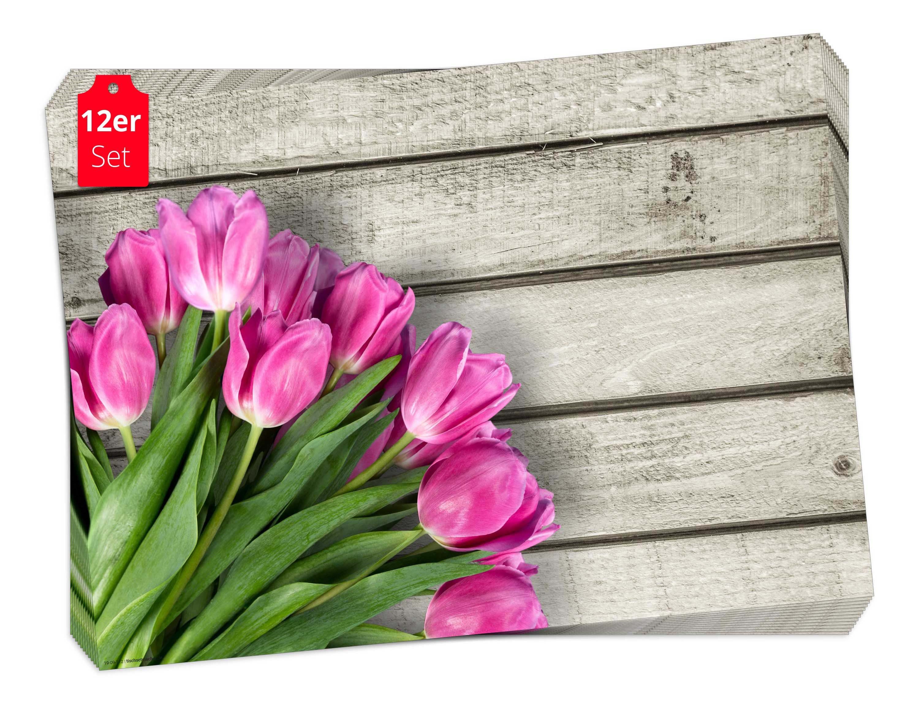 Platzset, Tischset Frühling, Ostern & Blumen - Pinke Tulpen,  Tischsetmacher, (aus Naturpapier in Aufbewahrungsmappe für tolles Ambiente,  12-St., 44 x 32 cm / pink), Tischdeko Made in Germany