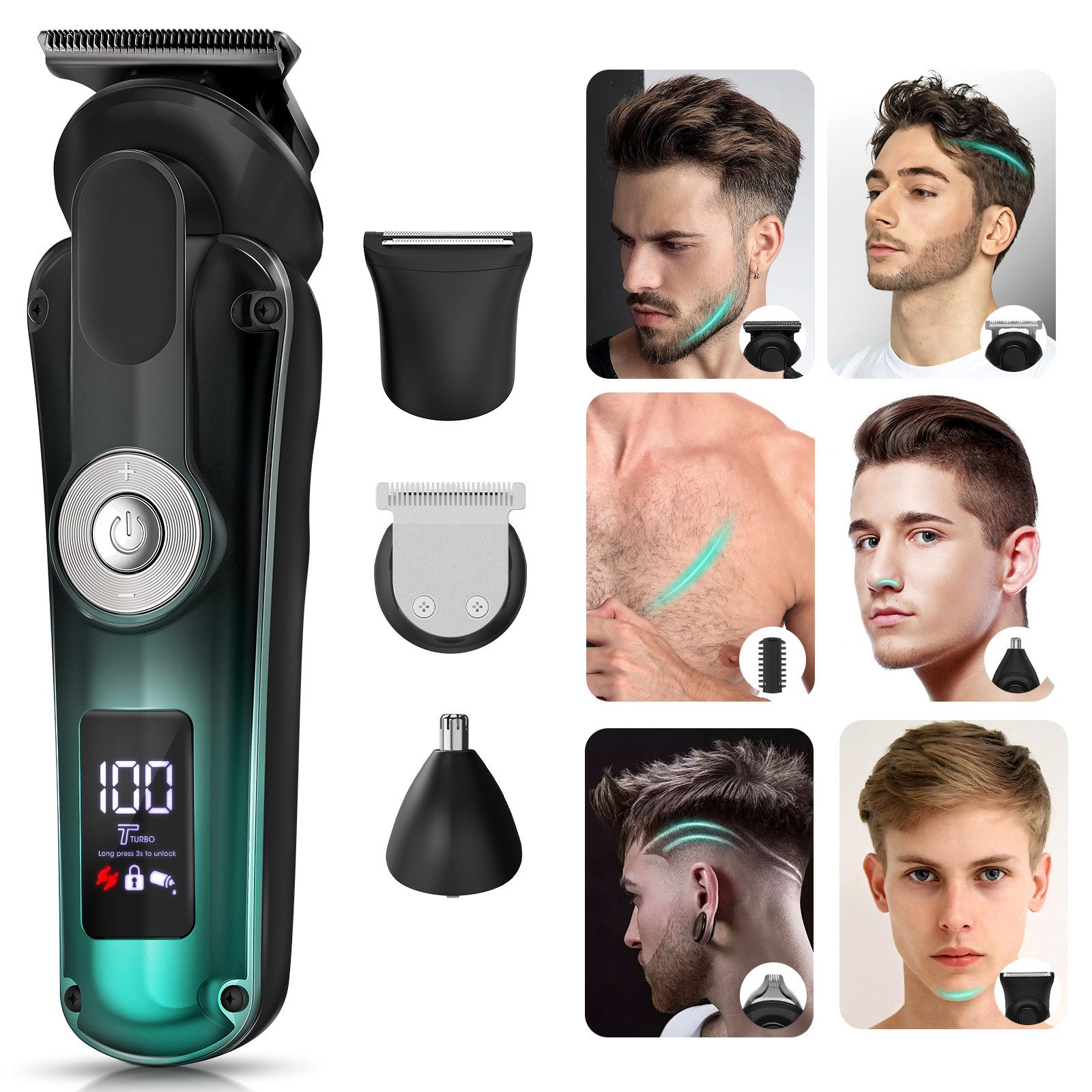 Rayofi Haarschneider, All-in-One Bartrasierer Herren, Nasenhaarschneider wasserdicht, Haarschneider profi mit LCD-Display, Elektrischer Rasierer Herren, mit 6 Scherköpfen, geeignet für zu Hause und unterwegs