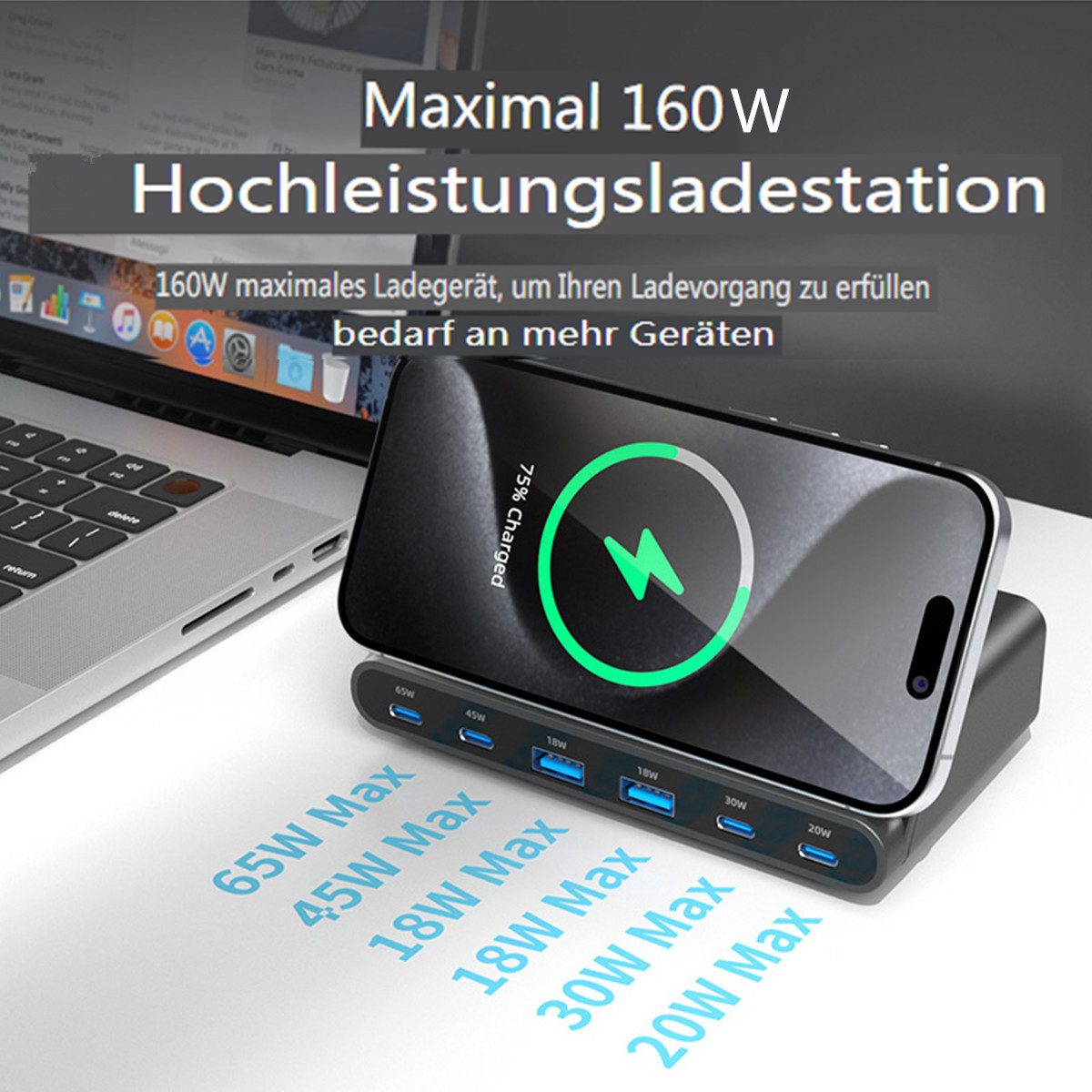 BLiTZWOLF Kabelloses Ladestation (160W 6-Port USB PD Desktop Schnellladegerät, 2 USB-A 4 USB-C PD3.0 QC4.0 Induktive Ladegerät)