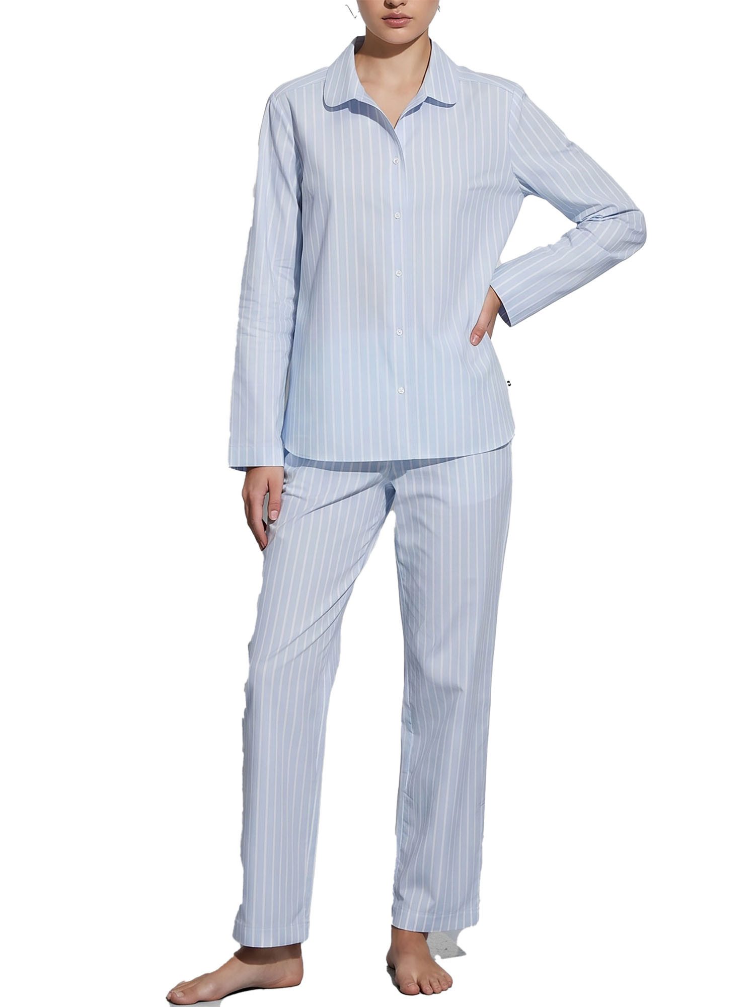 seidensticker Pyjama Damen Pyjama Lang bodywear (Packung, 1 tlg) aus Baumwolle, Streifen-Design, Hemdkragen, durchgeknöpft