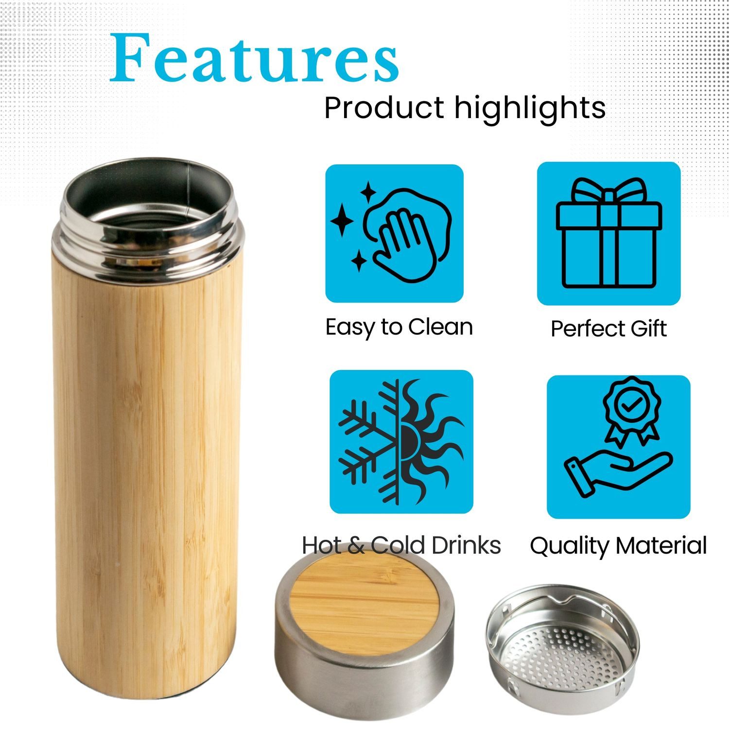 Intirilife Thermoflasche, Bambus Thermosflasche 350 ml Isolierflasche Wandern Reisen Büro Auto