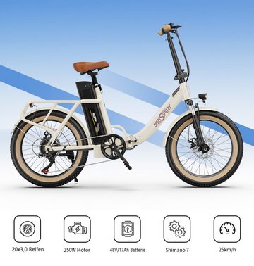 Fangqi E-Bike 20Zoll Klappelektrofahrrad,E-BIKE,MBT,48V/17AH Akku, SHIMANO 7Gang, Kettenschaltung, 250W Heckmotor, 816 Wh Nabendynamo, (E-Bike, geeignet für 160-200cm, mit Gepäcträger, Scheinwerfer, Schutzbleche, 3-Gang-Multifunktions-LCD-Display mit Bluetooth, Intelligente Elektrofahrzeuge für Männer und Frauen, Reichweite 100 km), Zusammenklappbar,geringer Energieverbrauch, leicht und flexibel,unisex