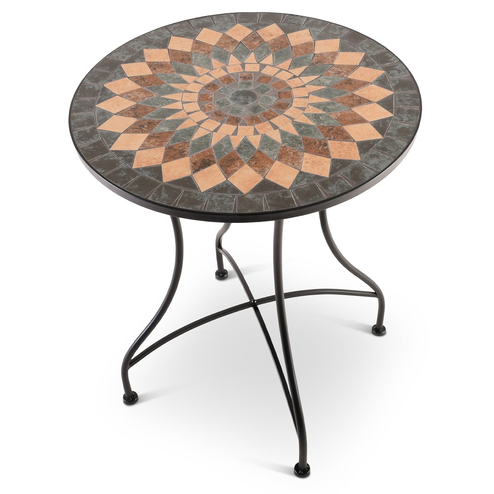 Raburg Gartentisch Mosaiktisch, Balkon- und Terrassentisch, 60 cm Ø, 72 cm hoch, Mayla (rund), liebevolle Handarbeit, Mosaikmuster, schwarzes Metallgestell