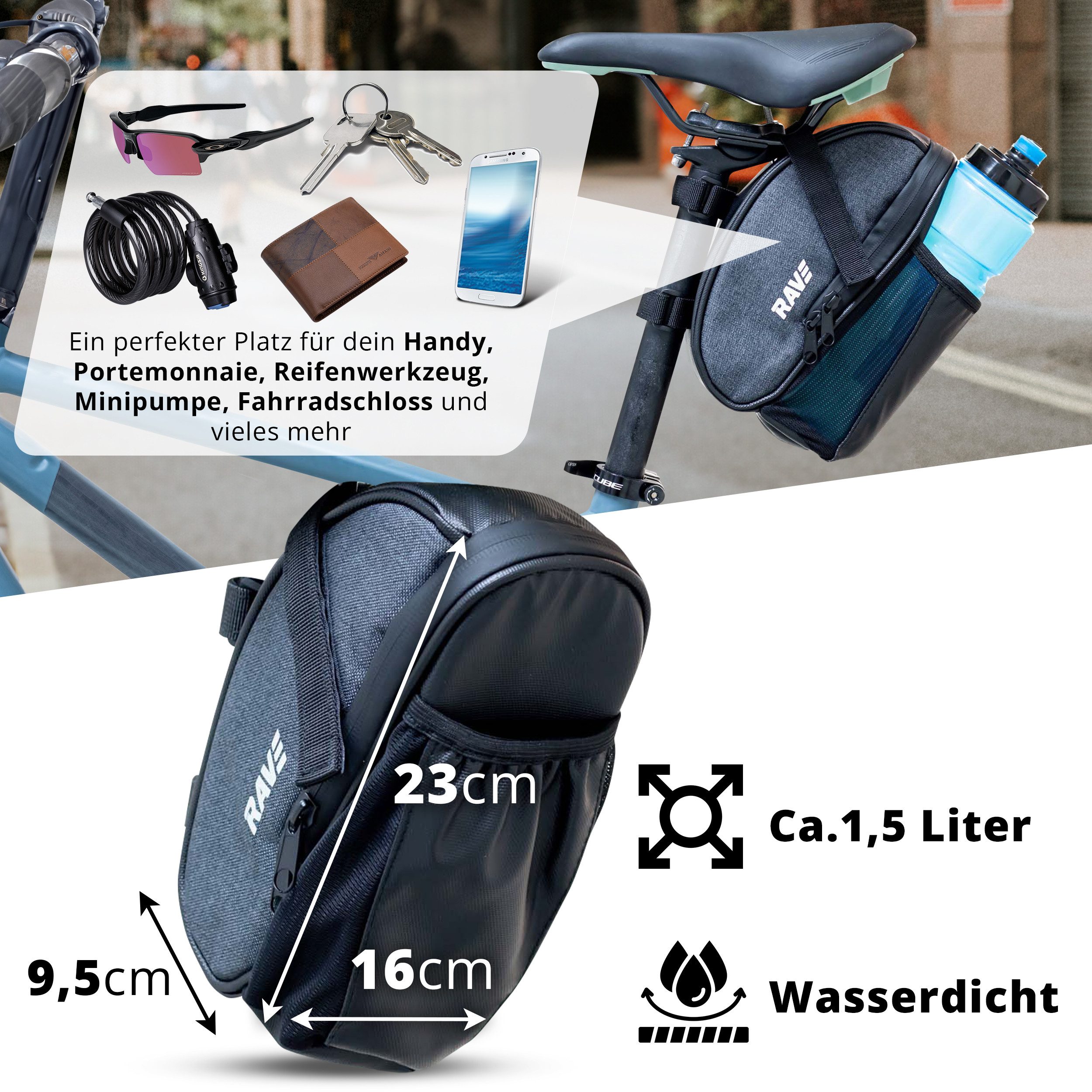 Rave Bike&Outdoor Fahrradtasche Fahrrad Satteltasche mit Flaschenhalter, Mit Flaschentasche