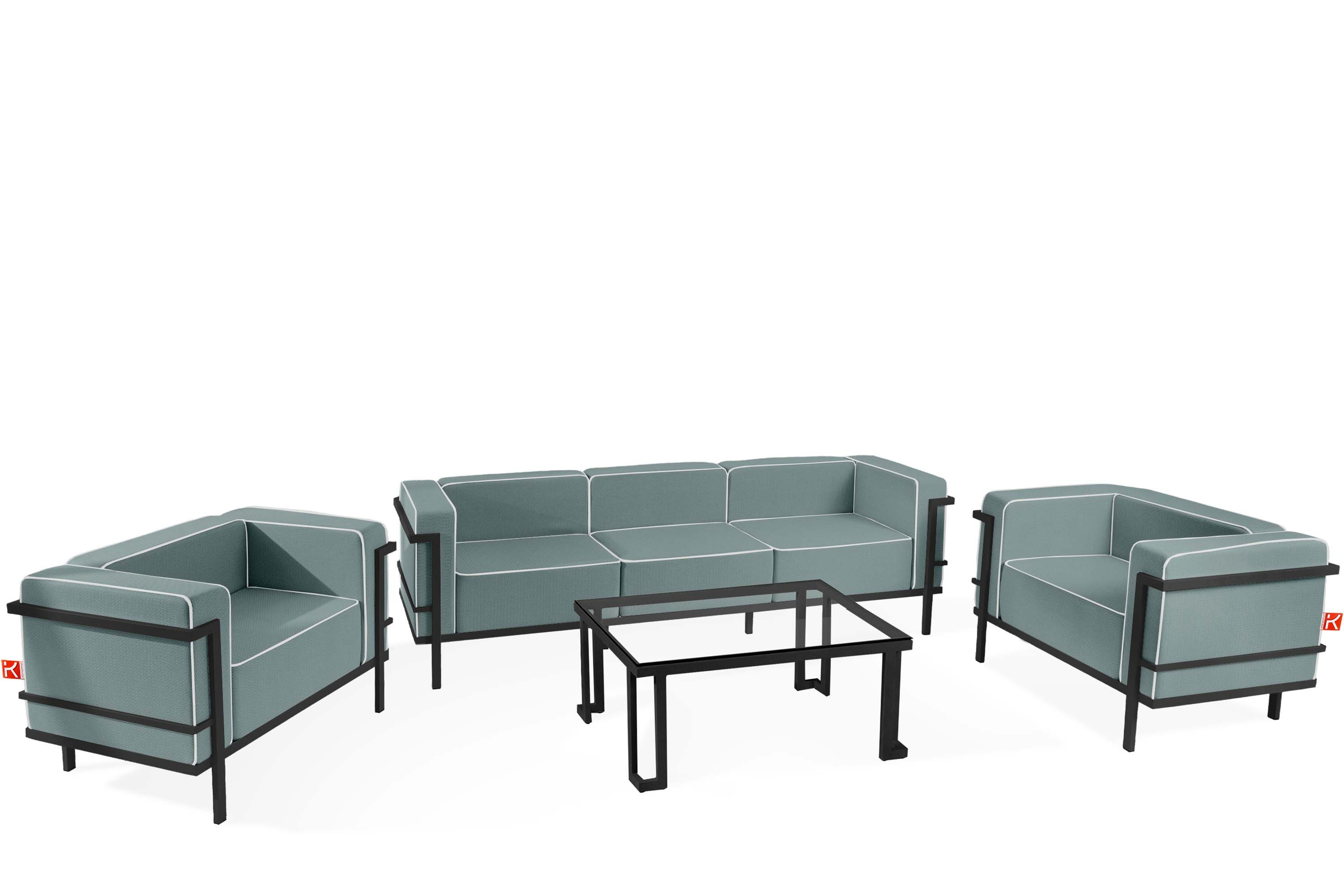 KONSIMO® Gartenlounge-Set TRIGLO Gartenmöbelset hergestellt in der EU, (1x Tisch, 2x Sessel, 1x Sofa 3-Sitzer, 4-tlg), Modern, handgefertigt, Stahlrahmen, mit Auflage