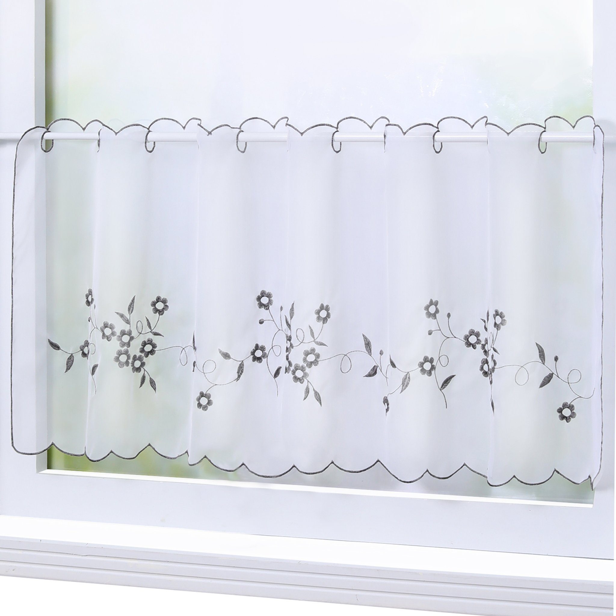 Blüten-Stickerei, mit Kurzstore, transparent, Cafe Joyswahl, Scheibengardine, Vorhang Voile grau
