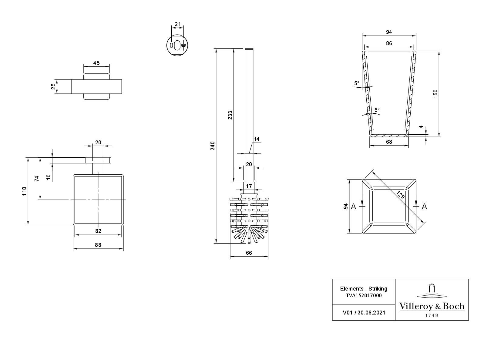 Villeroy Toilettenbürstengarnitur & mm Boch Elements - - Chrom 94 x Striking, WC-Garnitur 118