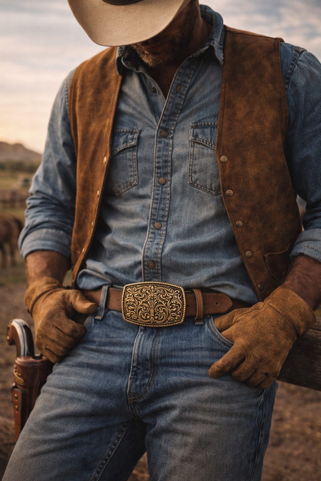 Ware aus aller Welt Koppelgürtel Western-Gürtel mit Ornament-Schnalle in Le günstig online kaufen