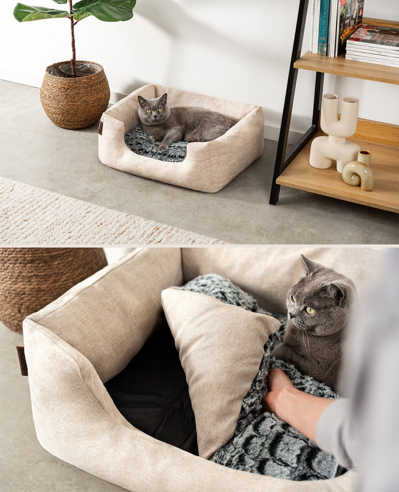 lionto Katzenliege, Katzenbett mit tiefem Einstieg & rutschfestem Boden, 60x50 cm beige, Textil, Stilvolles Kuschelkörbchen mit Wendekissen