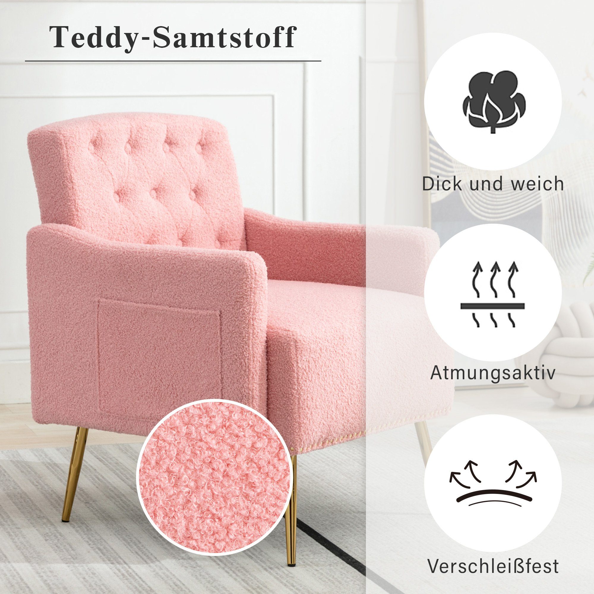 Merax Sessel mit Teddyplüsch Loungesessel, und Fernsehsessel Relaxsessel Rosa Polstersessel, Metallbeine, Seitentasche, mit goldenen Bezug
