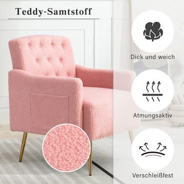 Merax Sessel mit Teddyplüsch Bezug und goldenen Metallbeine, Relaxsessel mit Seitentasche, Loungesessel, Polstersessel, Fernsehsessel