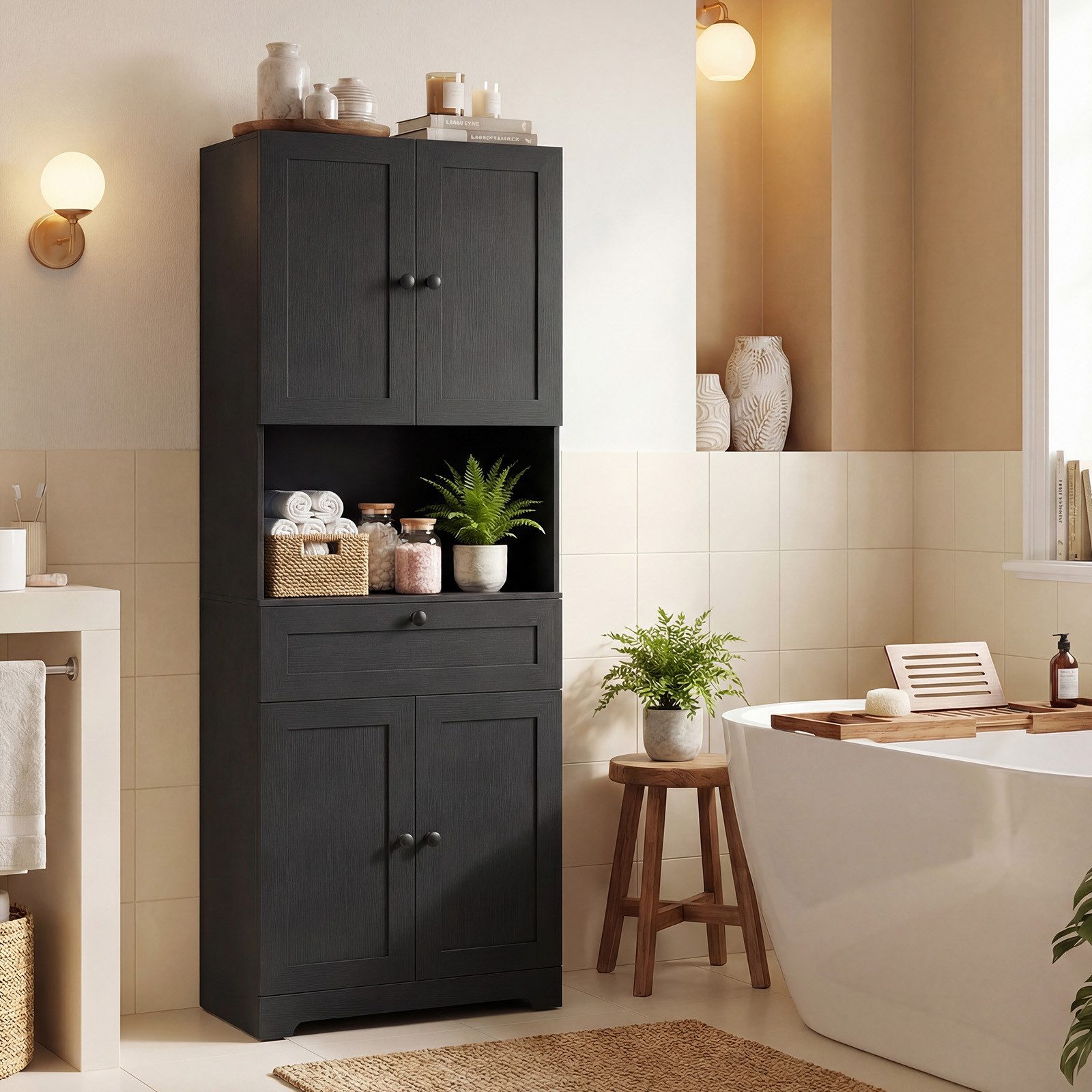COSTWAY Badkommode, Hochschrank Bad mit 4 Türen Küchenschrank 171,5 cm