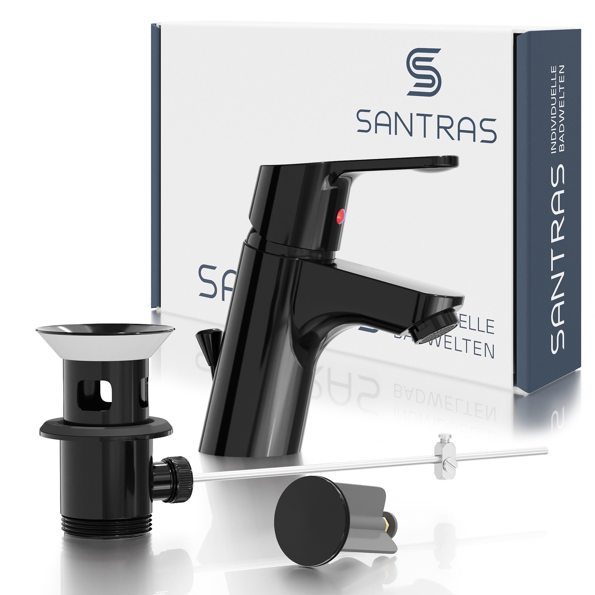 Santras Waschtischarmatur mit Zugstange und Ablaufgarnitur in Schwarz (RAL 9005)