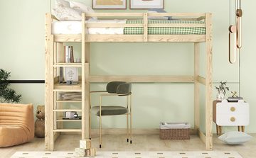 Ulife Kinderbett Hochbett, Bettgestell mit Stauraum, komplett aus Kiefer., mit 4 Ablagefächern und einer Schreibtischplatte, Natur, 140 X 200 cm