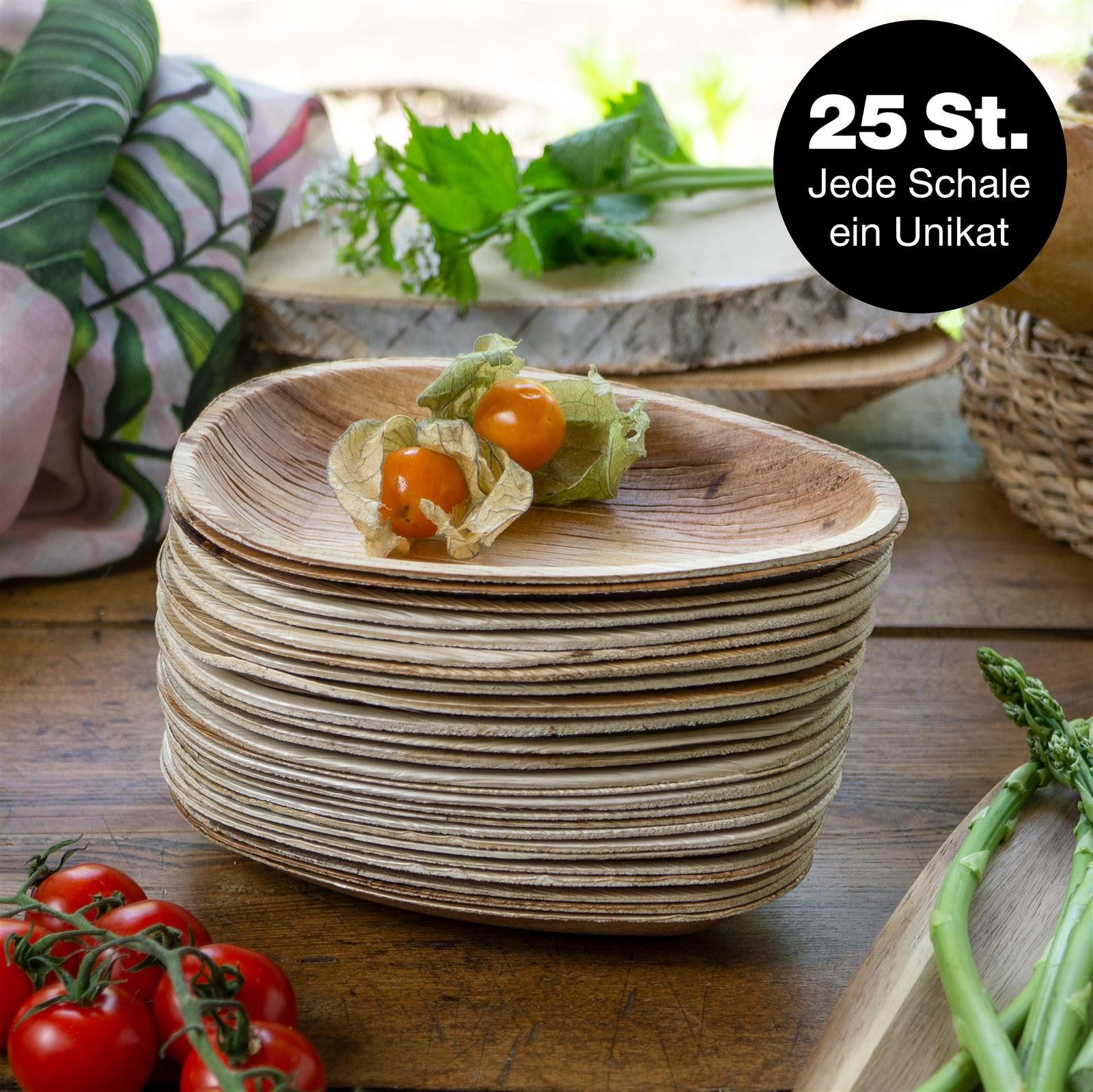 Moritz & Moritz Einweggeschirr-Set 25tlg Palmblatt Schale Oval (25-tlg), 25 Personen, Palmblatt, Birkenholz, Nachhaltiges Einweggeschirr - 25 Teller Einweg - oval 17 x 12,5 cm