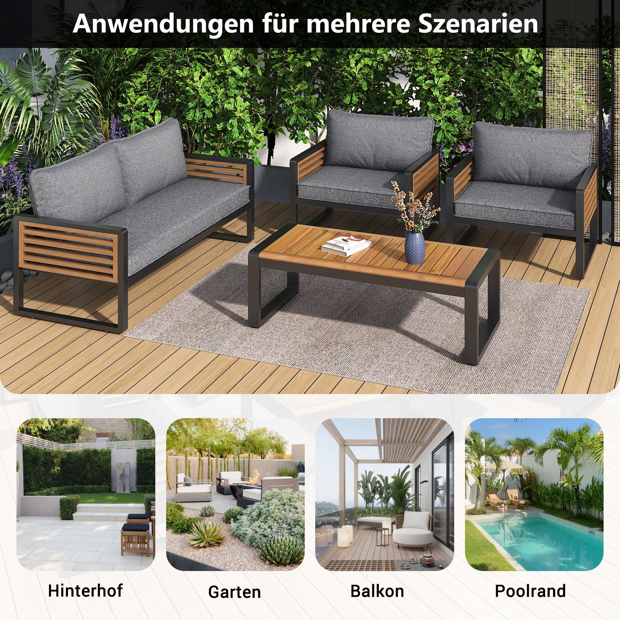 Flieks Gartenlounge-Set, Balkonset Gartenmöbel Set Bank & 2 Sessel & Tisch