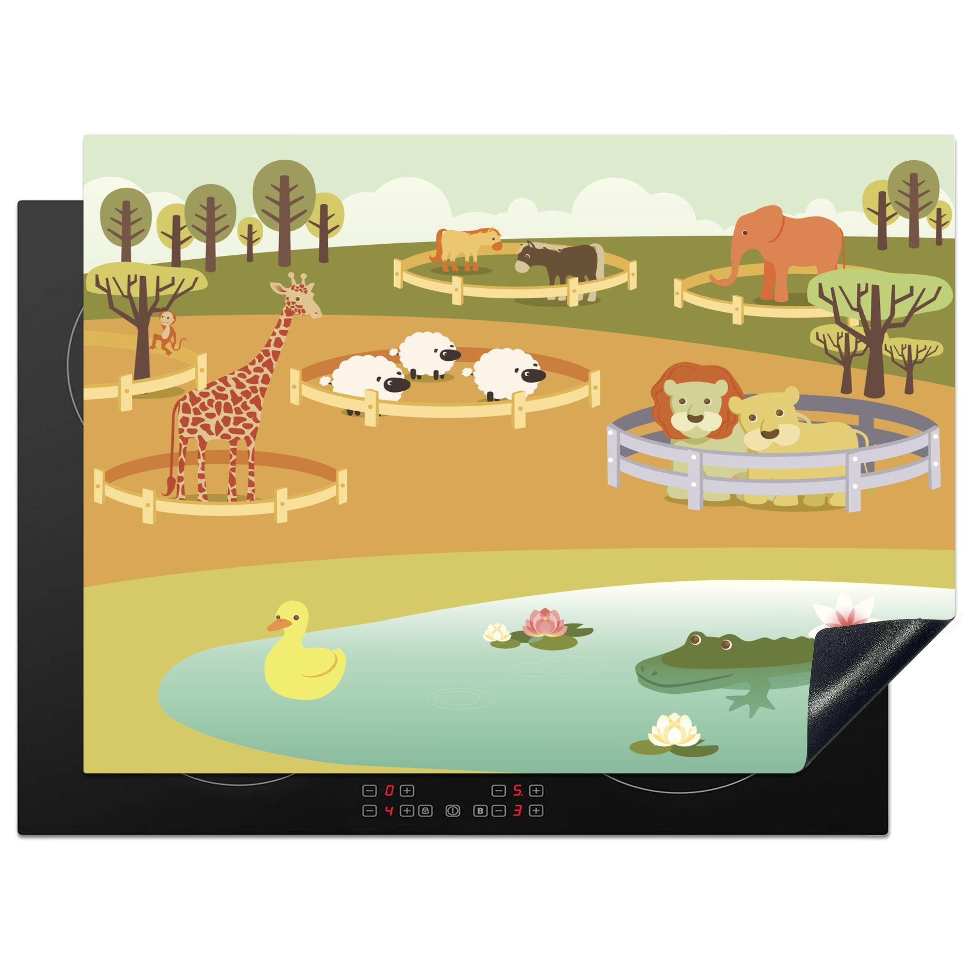 MuchoWow Herdblende-/Abdeckplatte Eine Illustration von wilden Tieren im Zoo, Vinyl, (1 tlg), 70x52 cm, Mobile Arbeitsfläche nutzbar, Ceranfeldabdeckung
