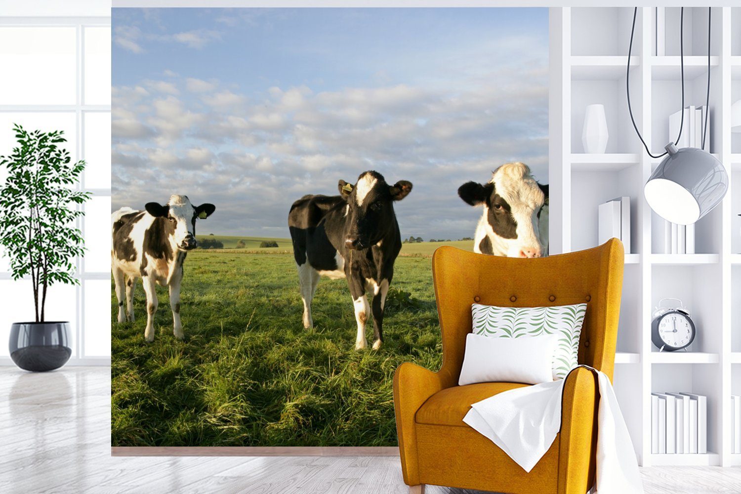 Fototapete Wohnzimmer MuchoWow Kuh -Tier, Sonne (5 Wandtapete - für Matt, Tapete oder Schlafzimmer, St), bedruckt, Vinyl
