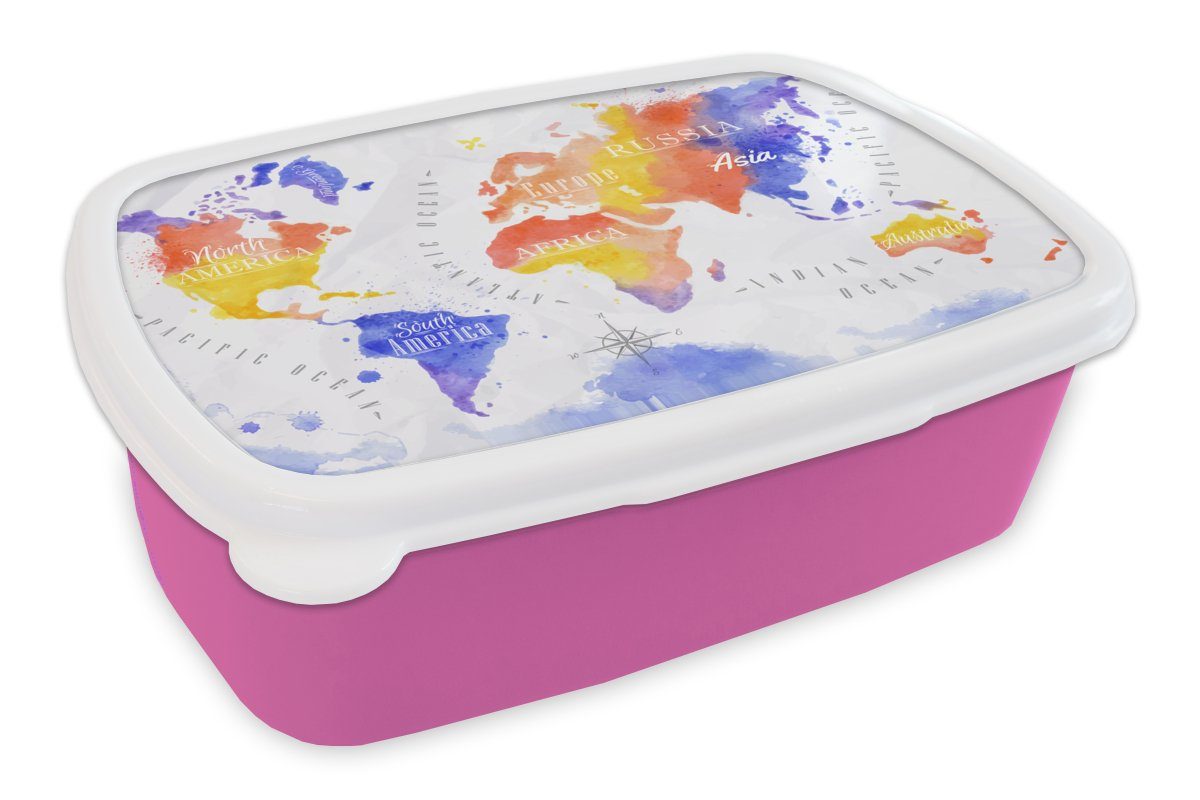 MuchoWow Lunchbox Weltkarte - Aquarell - Rot - Blau, Kunststoff, (2-tlg), Brotbox für Erwachsene, Brotdose Kinder, Snackbox, Mädchen, Kunststoff rosa
