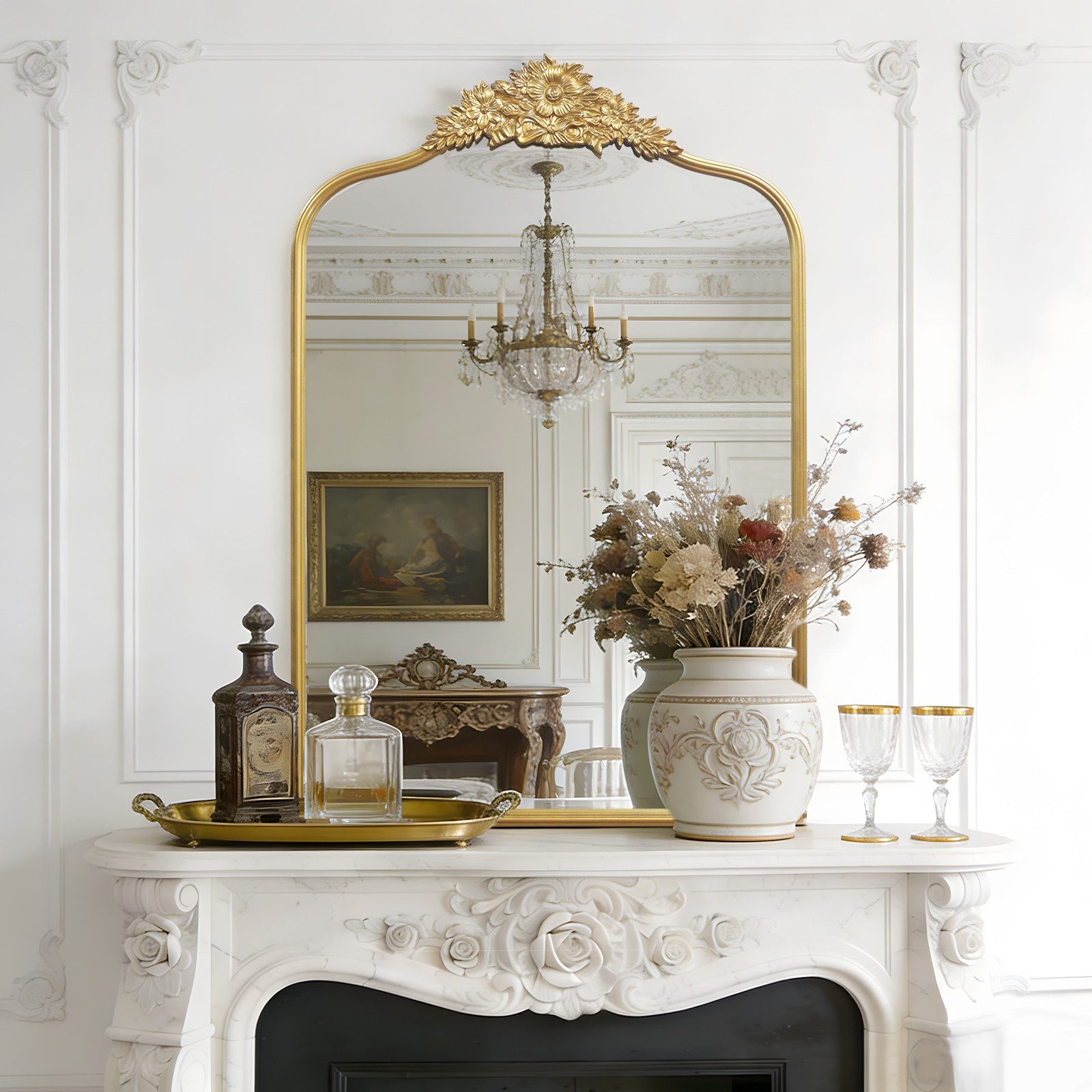 G-LEAF Ganzkörperspiegel Antiker Ganzkörperspiegel im Barockstil mit Perlenverzierung (1-St., G-LEAF), mit barocken Blumenornamenten, 90×60cm, Vintage-Gold