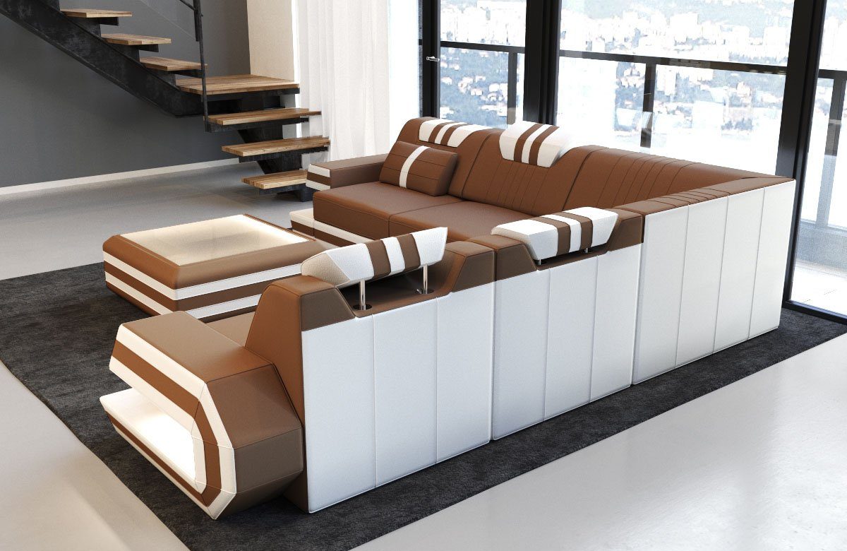Sofa Dreams Ecksofa Form L M Sofa Hocker Mikrofaser Polsterstoff Stoffsofa, hellbraun-weiß mit Ragusa Design wahlweise Couch