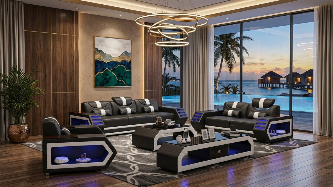 JVmoebel Polstergarnitur Sofa Set 3+2+1 Modern Schwarz Premium LED Couchtisch Luxus Exklusiv, (3-tlg), Made in Europa