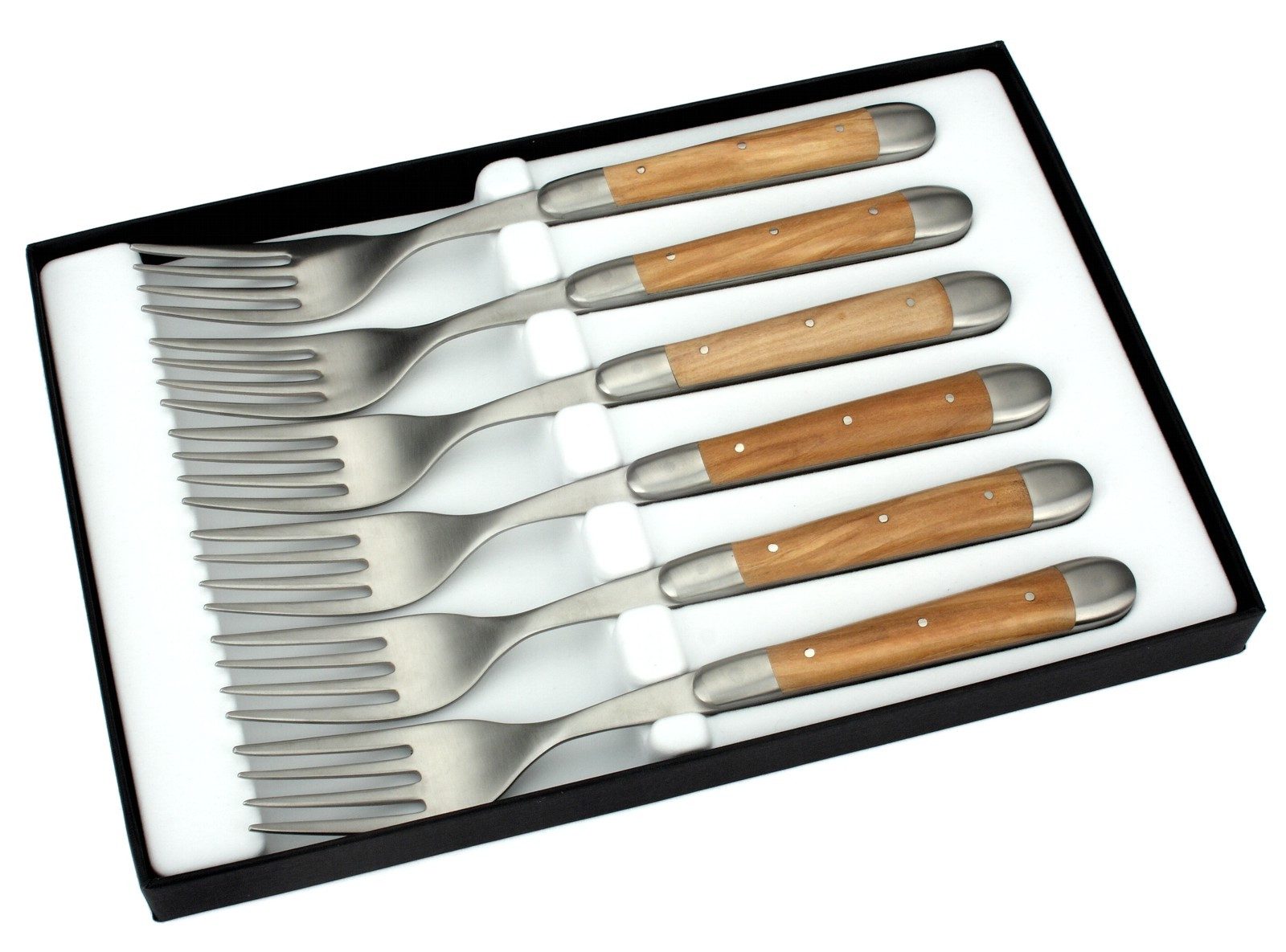 Forge de Laguiole Steakbesteck FE6 2M IN OL SAT, 6 Gabeln - Griff Olivenholz - Backen matt - Gabelteil Stahl satiniert