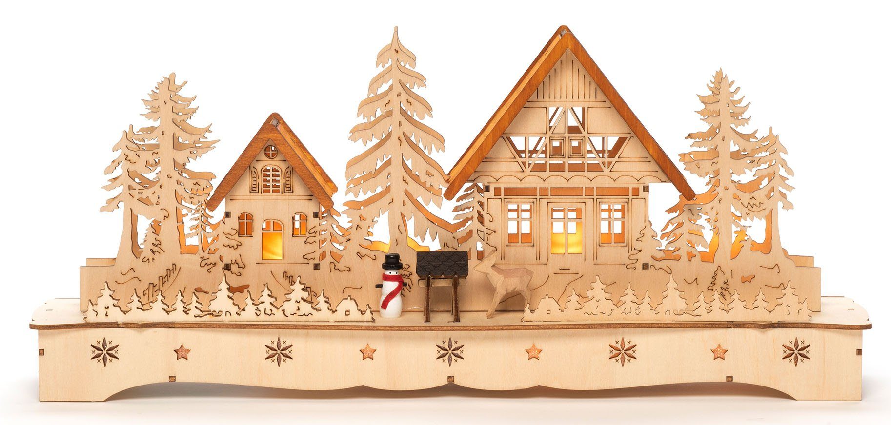 KONSTSMIDE Weihnachtsdorf Weihnachtsdeko, LED Holzsilhouette, Dorf und Schneemann mit Rentier