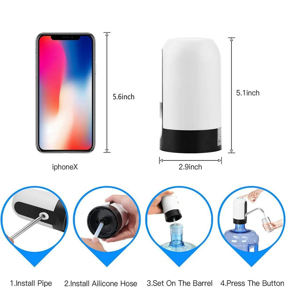 AURIVION Wasserpumpenzange USB-ladbare Elektropumpe für 5 Gallonen Trinkwasserflaschen, tragbar, Set 1-tlg., Tragbarer Wasserspender für Universalflaschen, einfach zu verwenden, USB-ladbare Trinkwasserpumpe für 2-5 Gallonen Flaschen, elektrisch