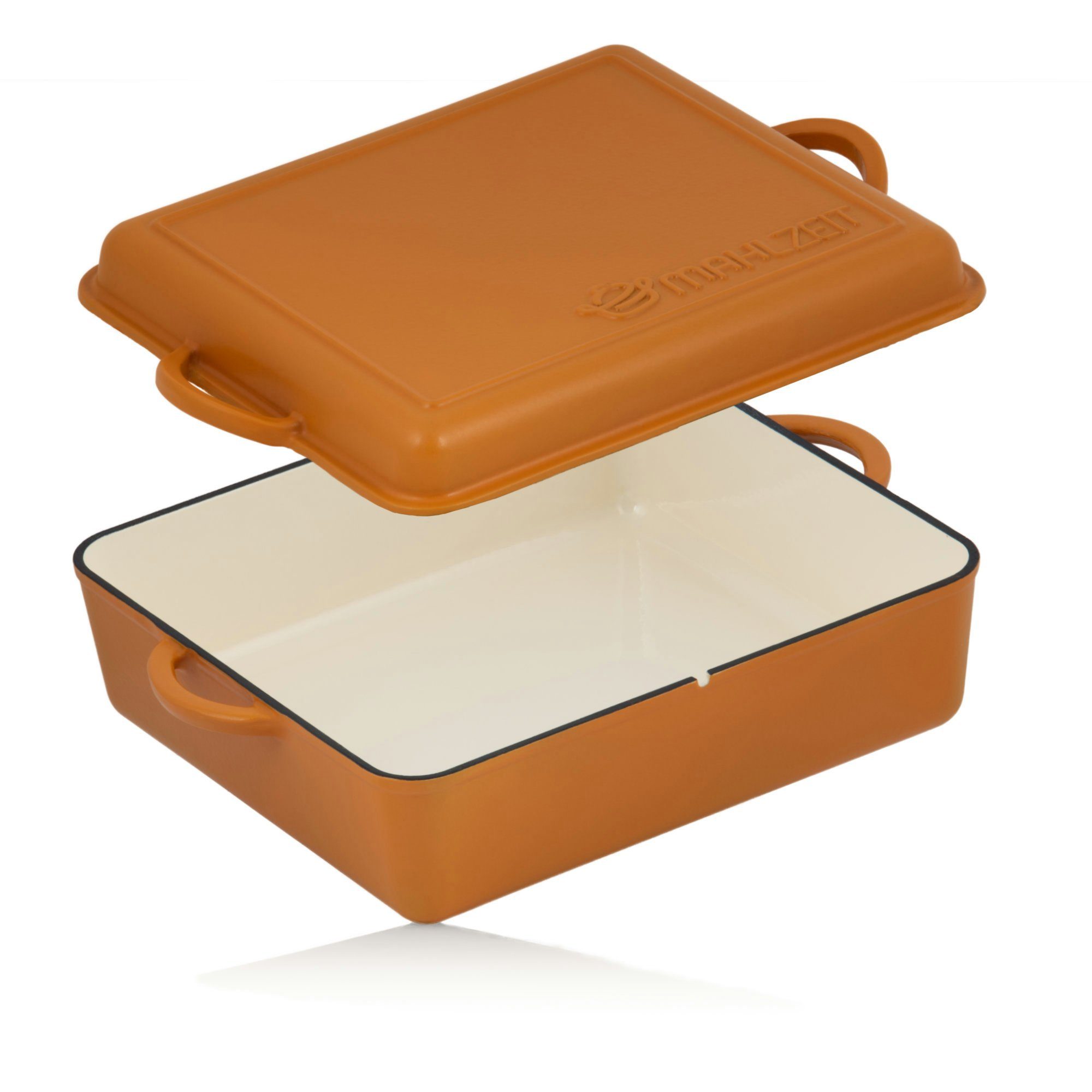Mahlzeit Bräter Gusseisen emailliert, 10,5 L, Sunny Orange, Bräter 2in1 mit Pfanne, Gusseisen