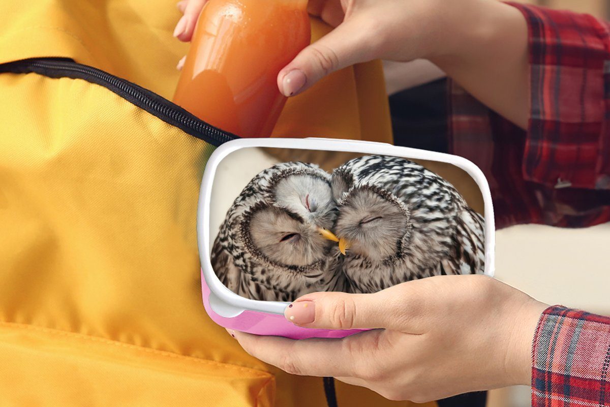 MuchoWow Lunchbox Brotdose Mädchen, Familie, für Brotbox - Vögel Schnabel - Erwachsene, - Kunststoff, (2-tlg), Eulen Snackbox, Kinder, rosa Kunststoff