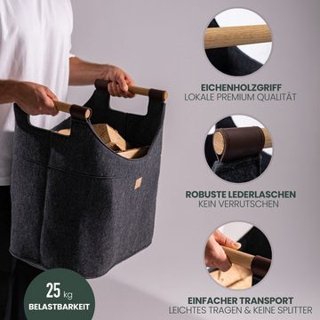 Easy and Green Kaminholzkorb Filz mit Echtholzhenkeln (Eiche) und Aufsatztaschen, Made in Germany