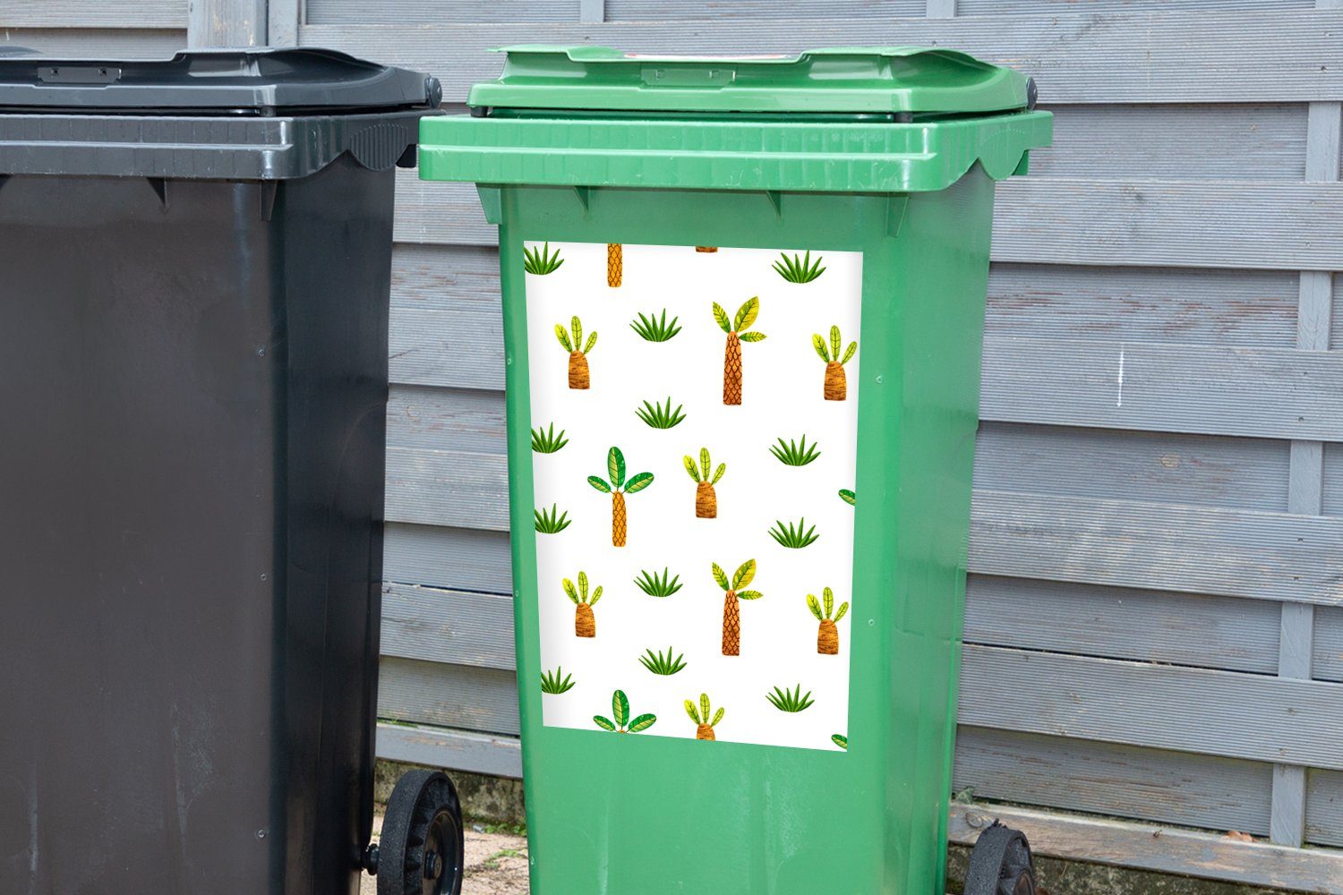 Sticker, Gras Abfalbehälter - - Mülltonne, St), Palme Mülleimer-aufkleber, Dschungel MuchoWow Wandsticker (1 Container,