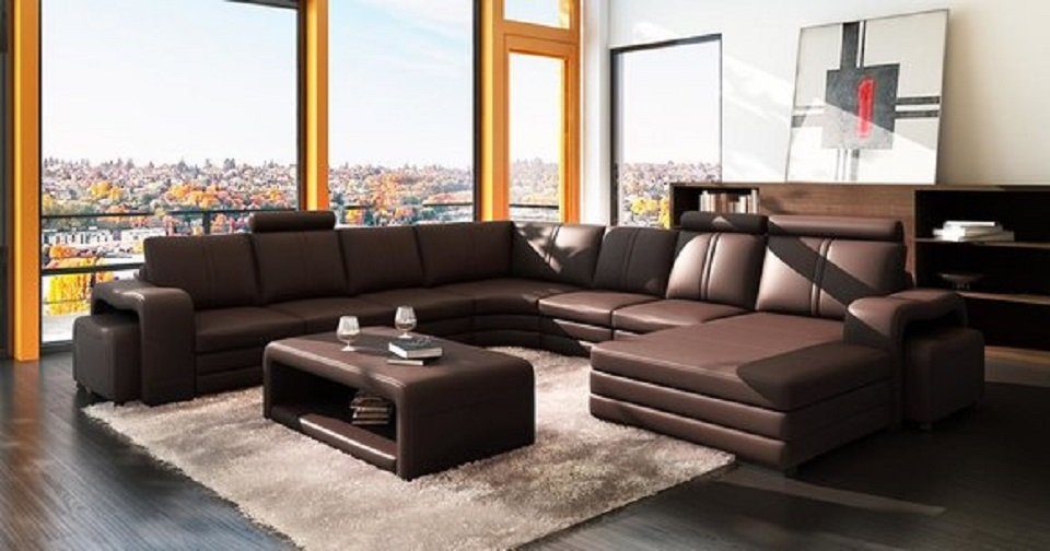 JVmoebel Wohnzimmer-Set, Ecksofa U-Form + 2x Hocker + Couchtisch Couch Design Polster Leder Braun