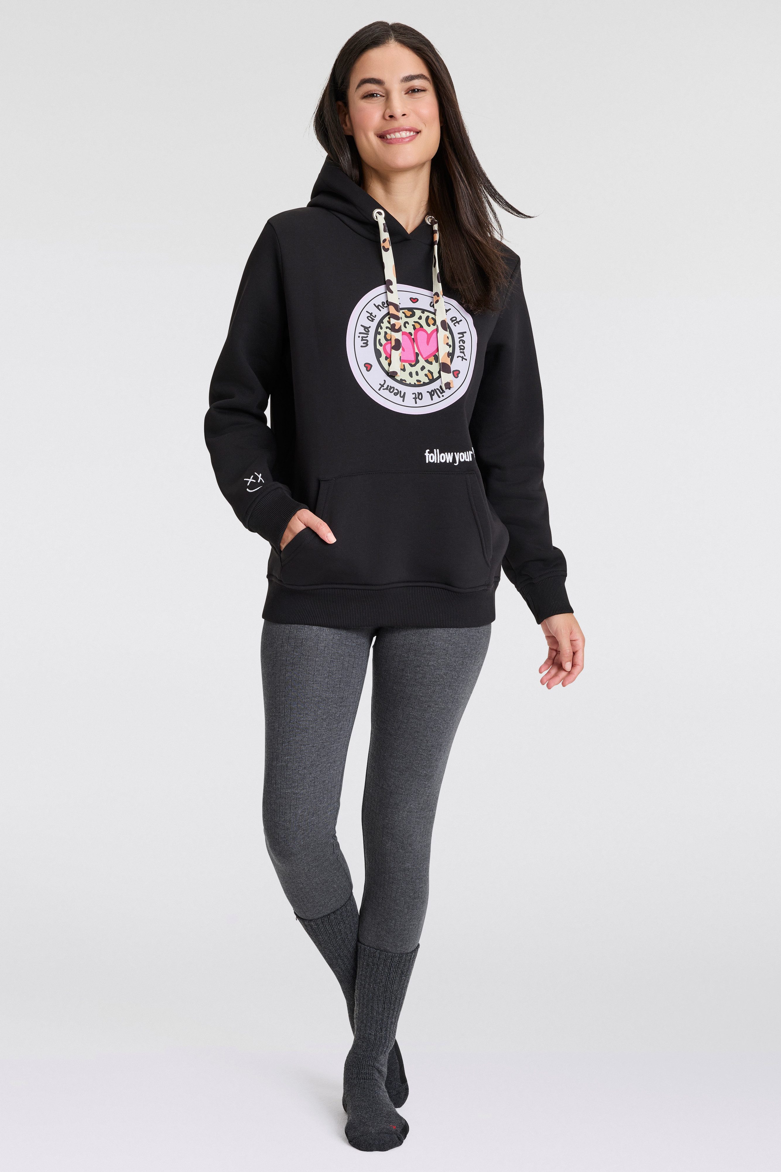 Zwillingsherz Hoodie Kapuze, Langarm, Kängurutasche, Leo-Details, günstig online kaufen