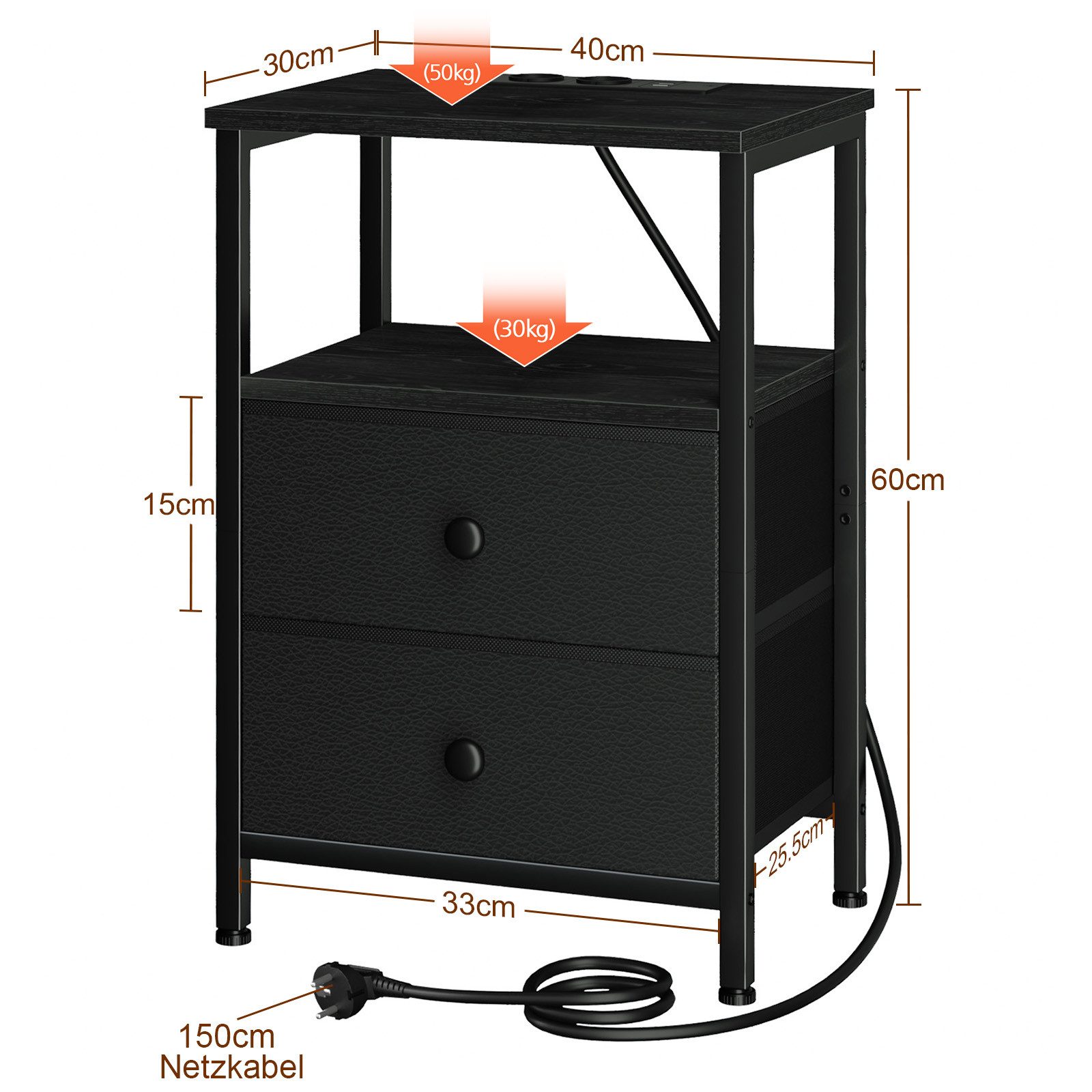 AMHANCIBLE Nachttisch mit Ladefunktion und zwei Schubladen, 2 USB-Anschlüsse, 40 x 30 x 60cm (1-St), ideal für Schlaf- und Wohnzimmer – Bild 2 von 5