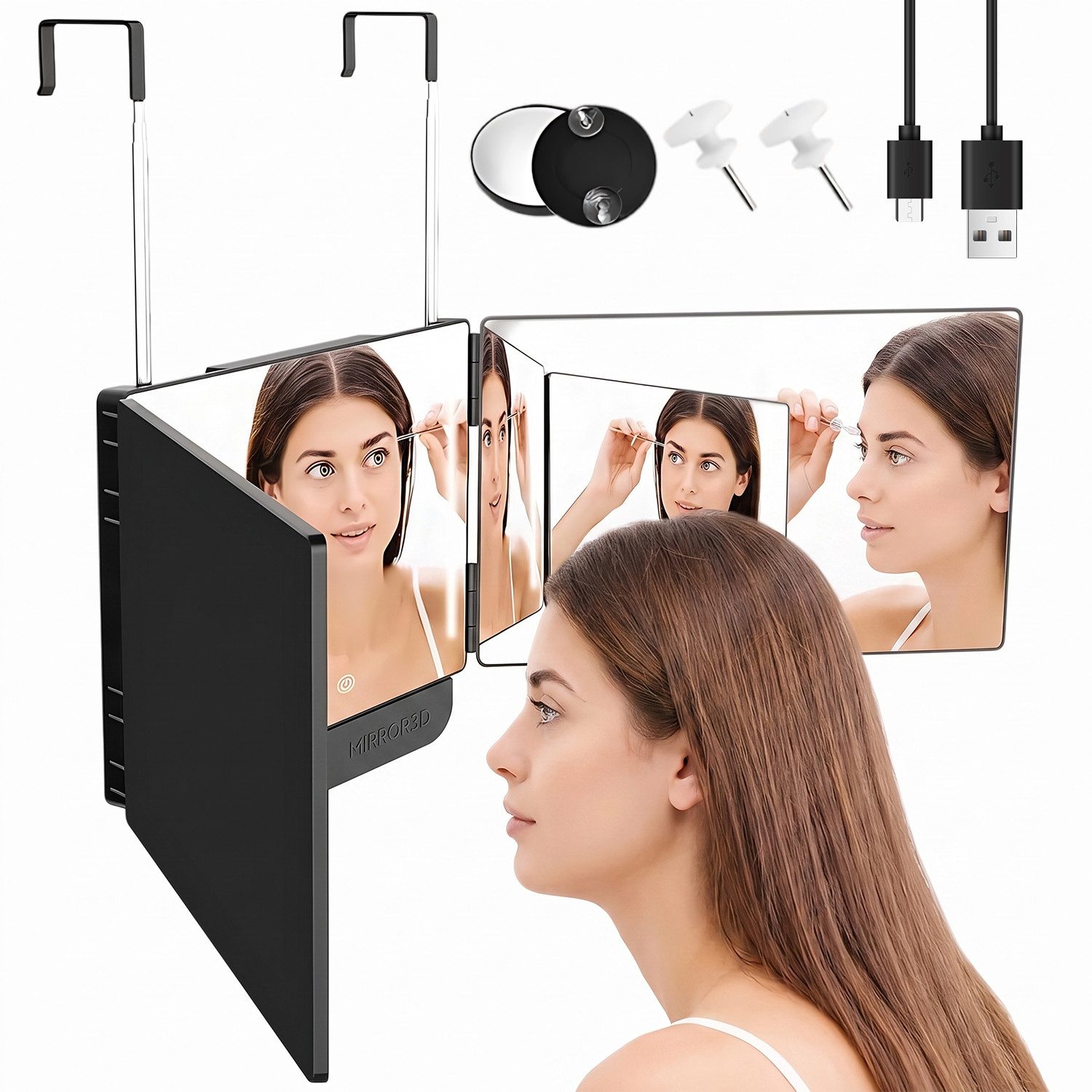 AKKEE Wandspiegel Klappspiegel, 3-seitiges Design mit LED-Beleuchtung, höhenverstellbar, Hängender, dreiseitiger, faltbarer Kosmetikspiegel für Zuhause.